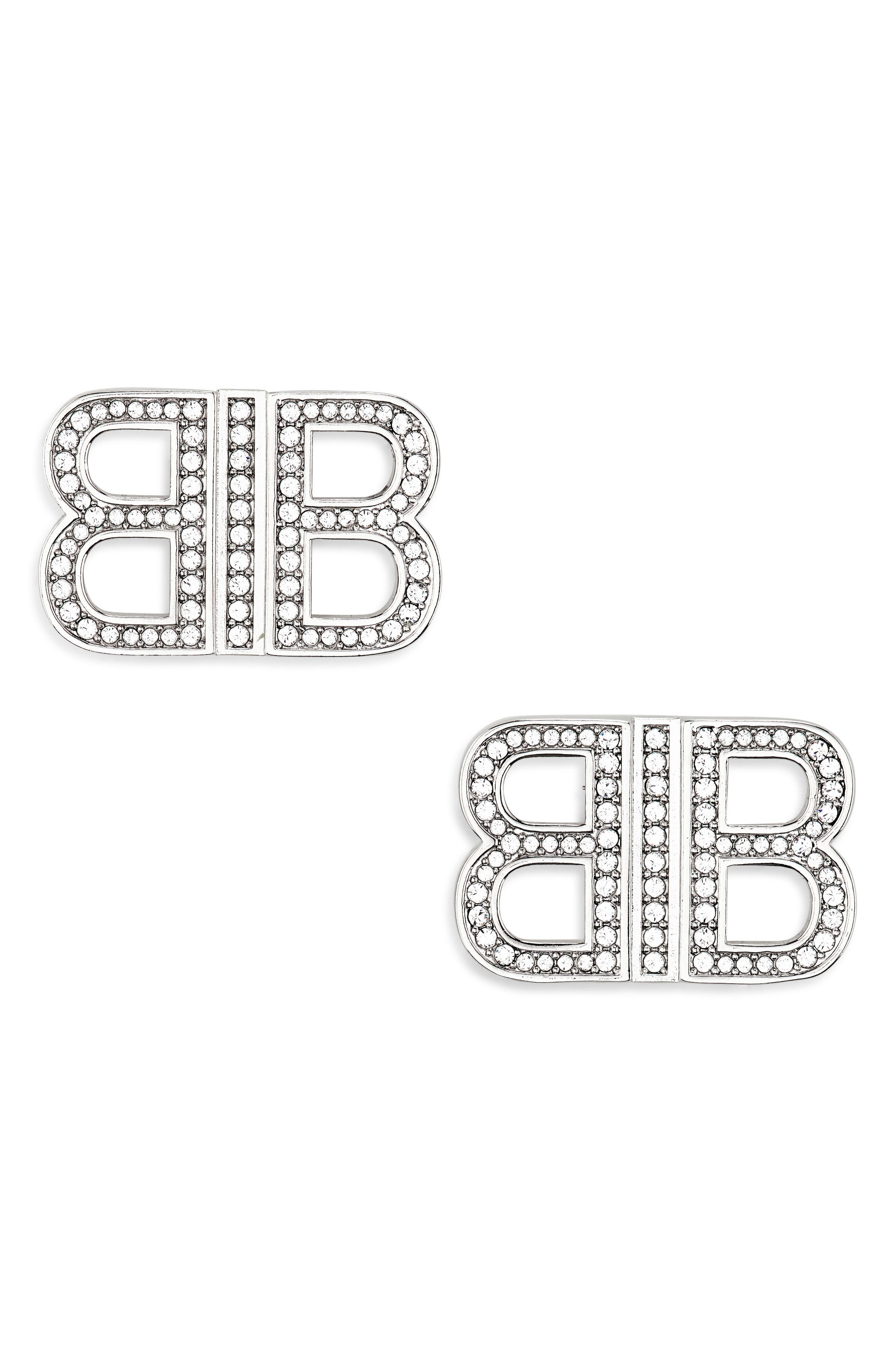 Balenciaga BB 2.0 Crystal Stud Earrings in Silver/Crystal at Nordstrom - 1