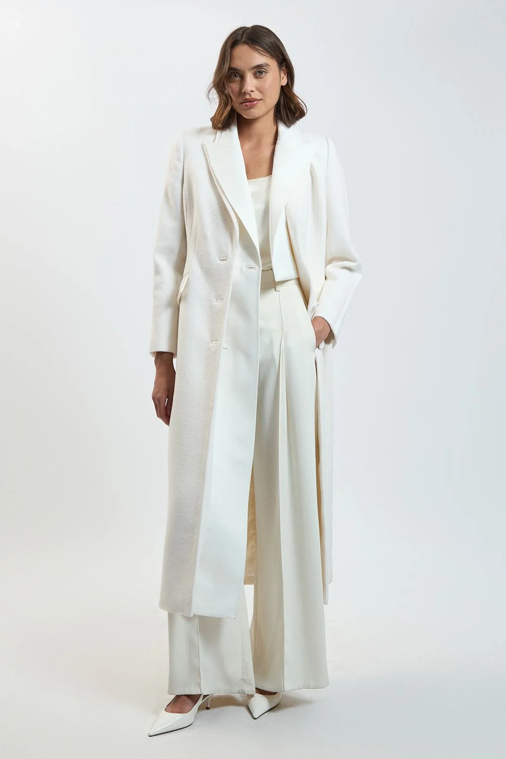 Petite Brushed Wool Blend Satin Mix Midi Coat - 1