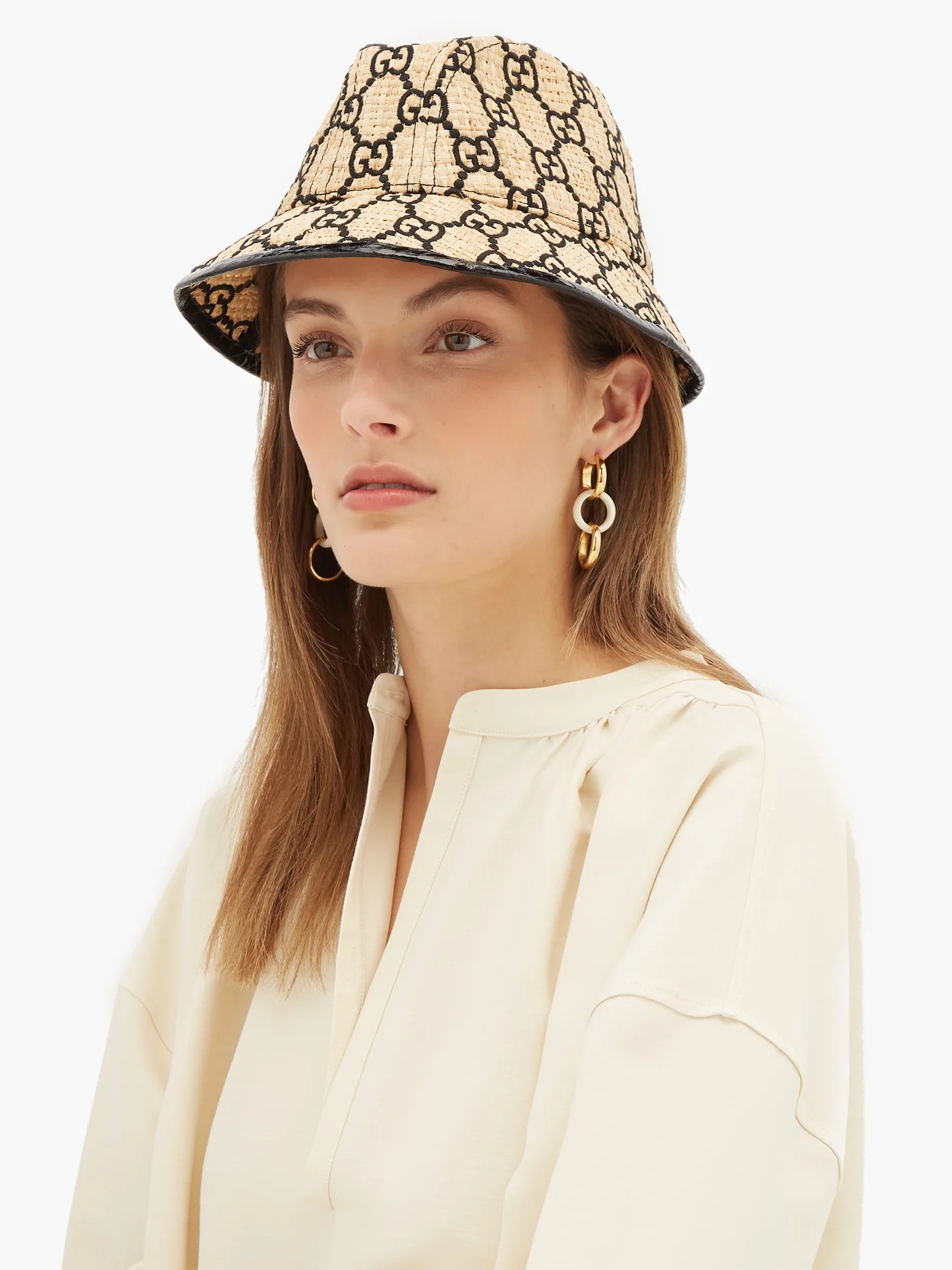 GG-logo snakeskin-trim raffia bucket hat - 2