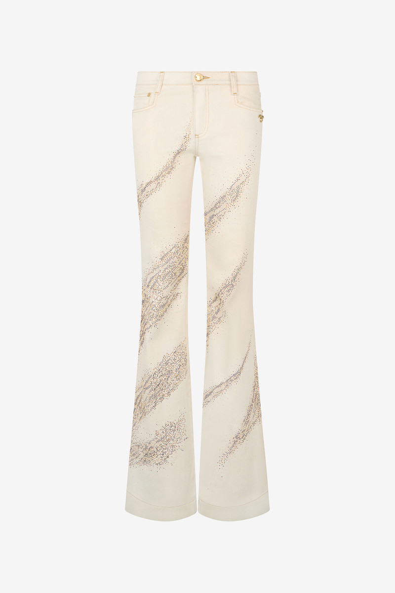Ivory flared jeans with gold animal-print detailing 1