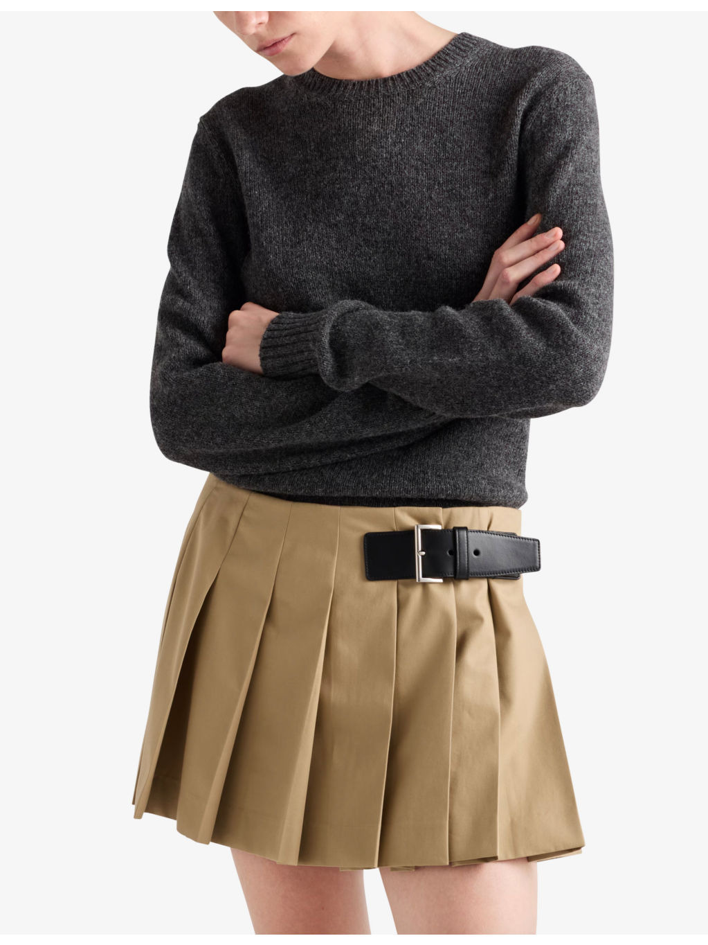 Pleated leather-belt cotton-twill mini skirt - 3
