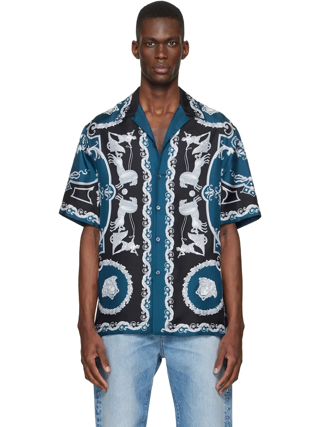 Blue & Black Printed Silk Twill Regular Shirt - 1