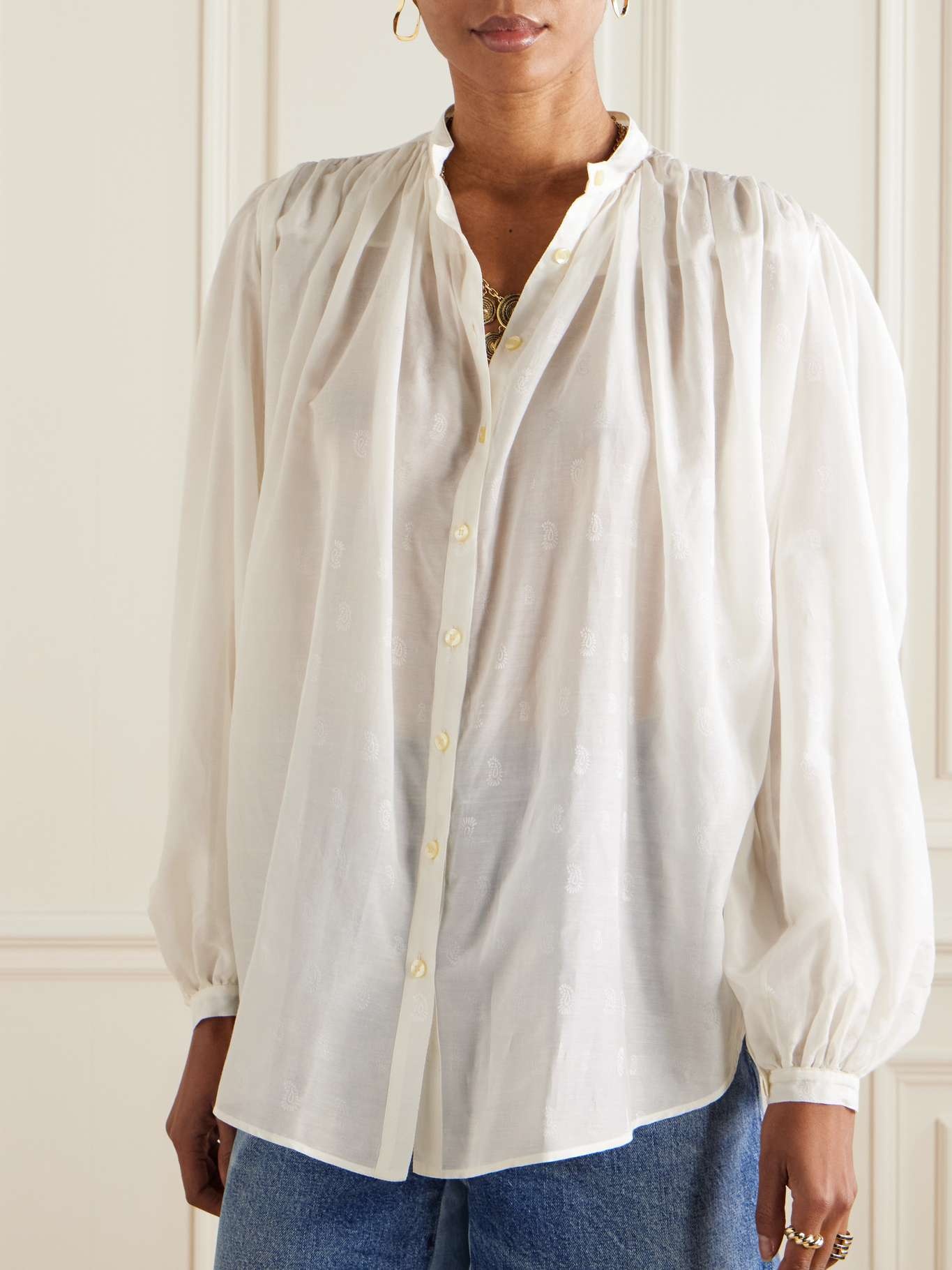 Pleated paisley-print cotton and silk-blend blouse White - 3