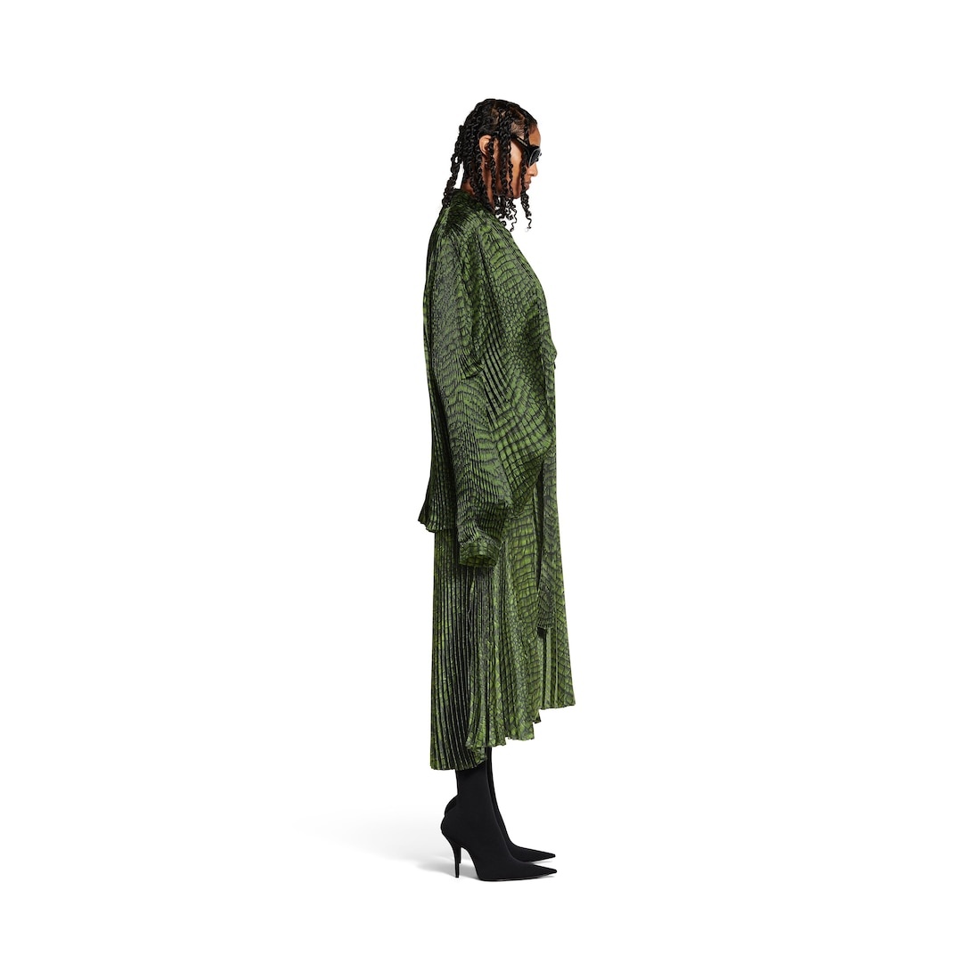 Women's Double Sleeve Pleated Dress in Green - 3