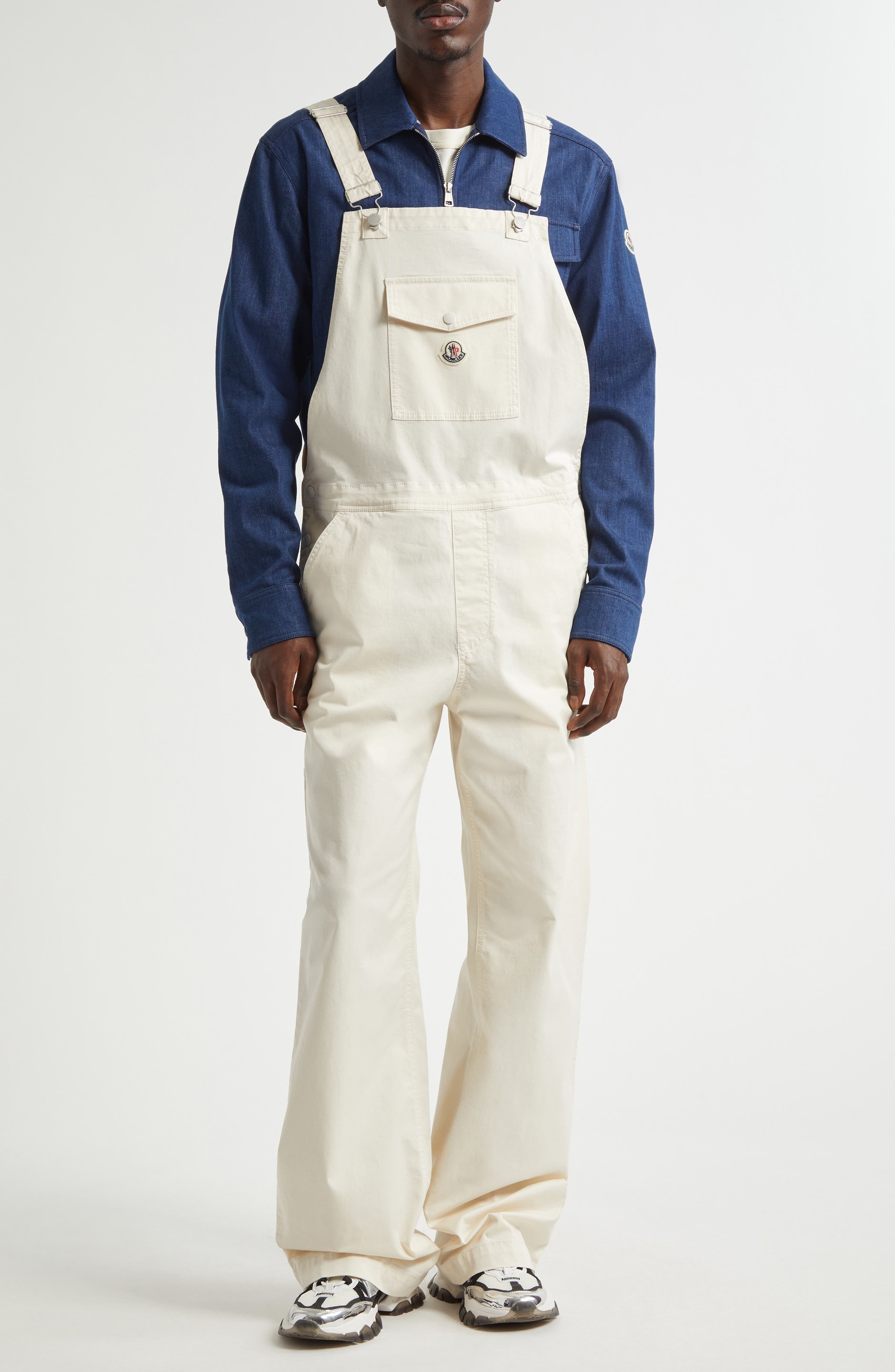 Moncler Stretch Denim Carpenter Overalls in Baby Powder at Nordstrom - 1