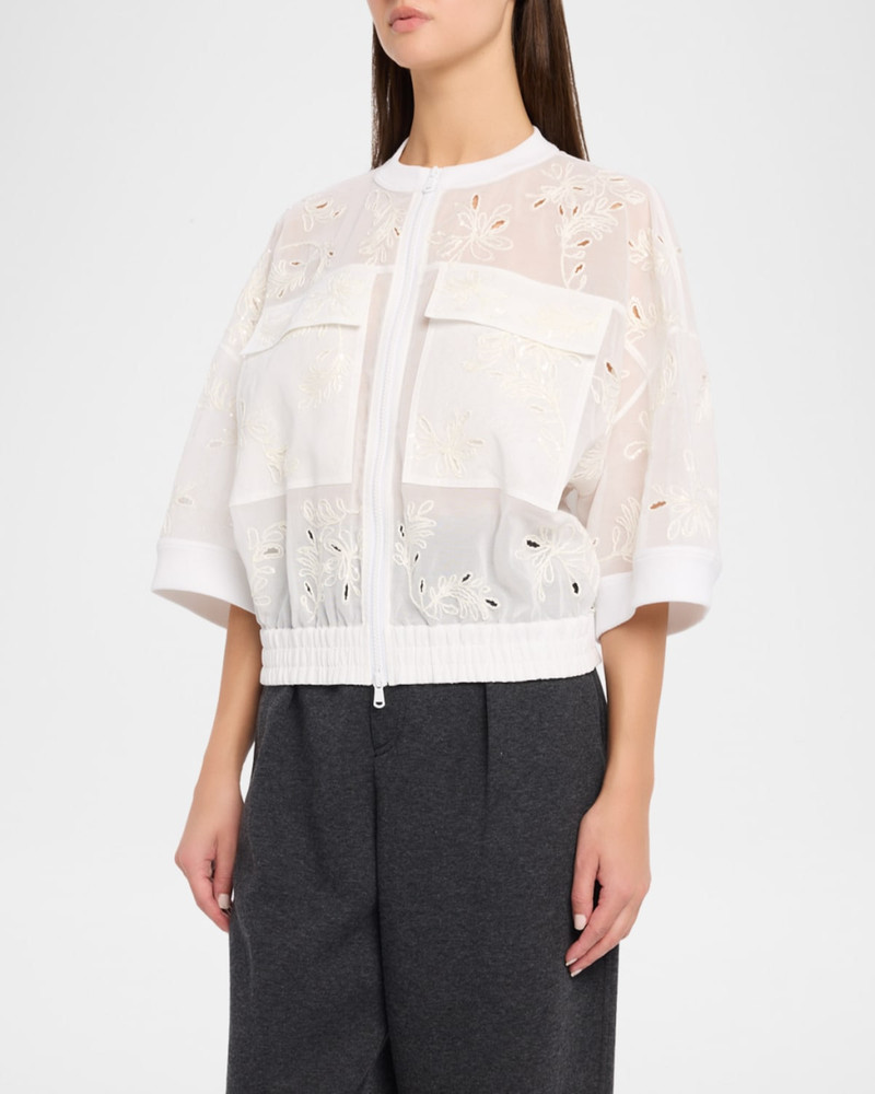 Broderie Anglaise Cotton Organza 3/4-Sleeve Zip Jacket 4