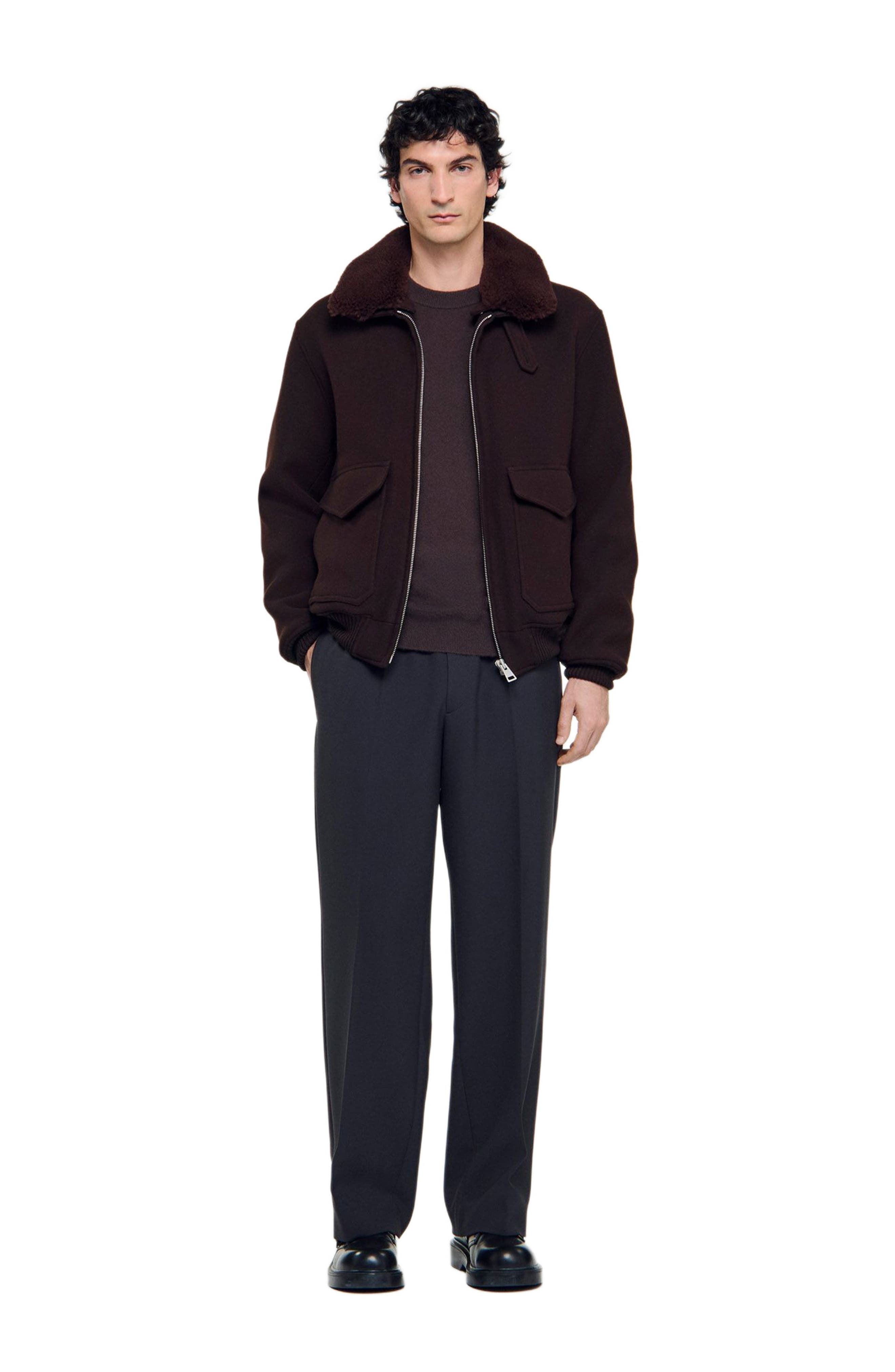 SANDRO Wool aviator jacket with shearling in Chocolate at Nordstrom - 6