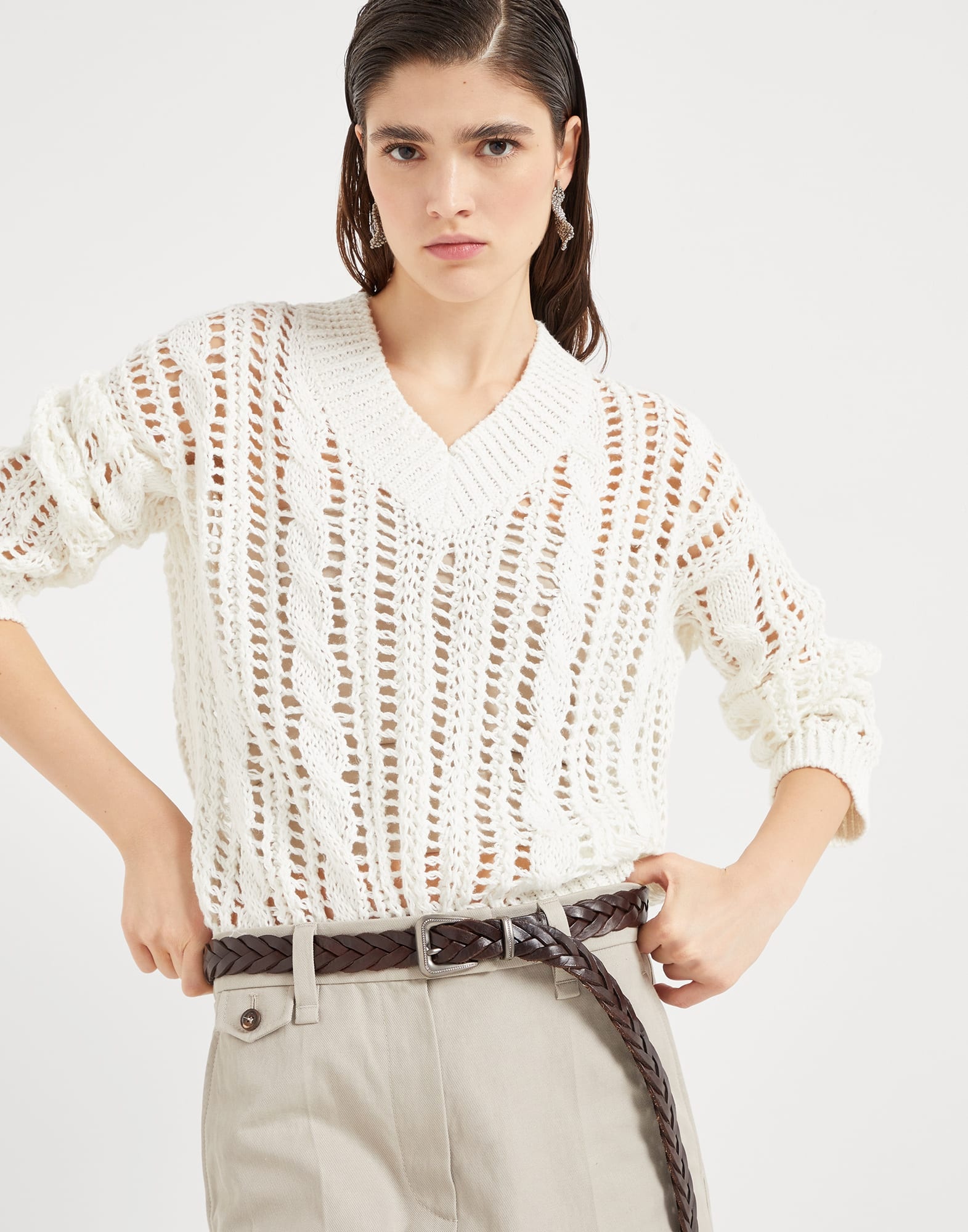 Brunello Cucinelli Jute and cotton cable & mesh sweater