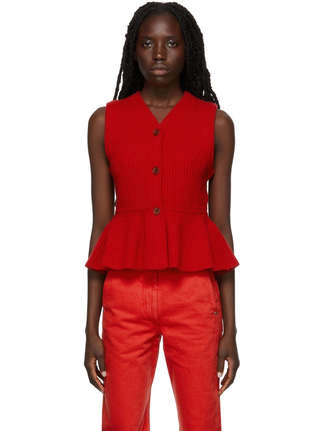 Red Wool Peplum Sleeveless Cardigan - 1