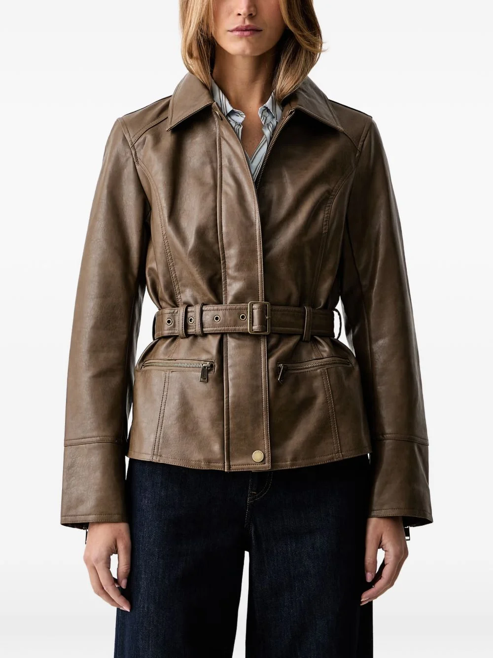 belted faux-leather jacket - 1