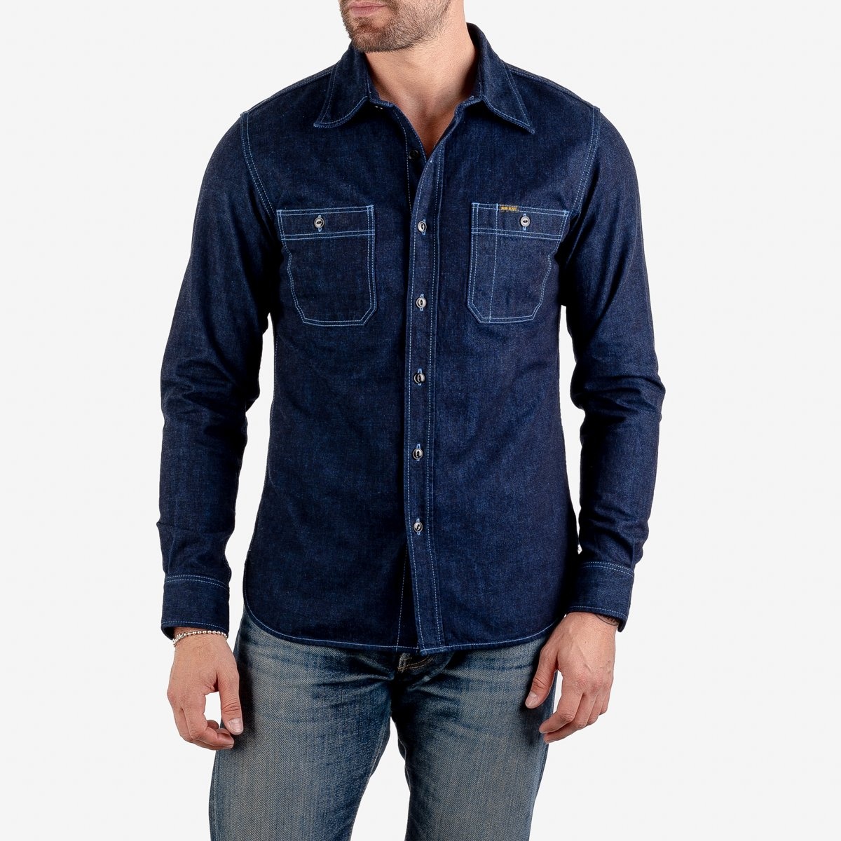 IHSH-353-BLU 10oz Selvedge Denim Work Shirt - Indigo Overdyed Blue - 2