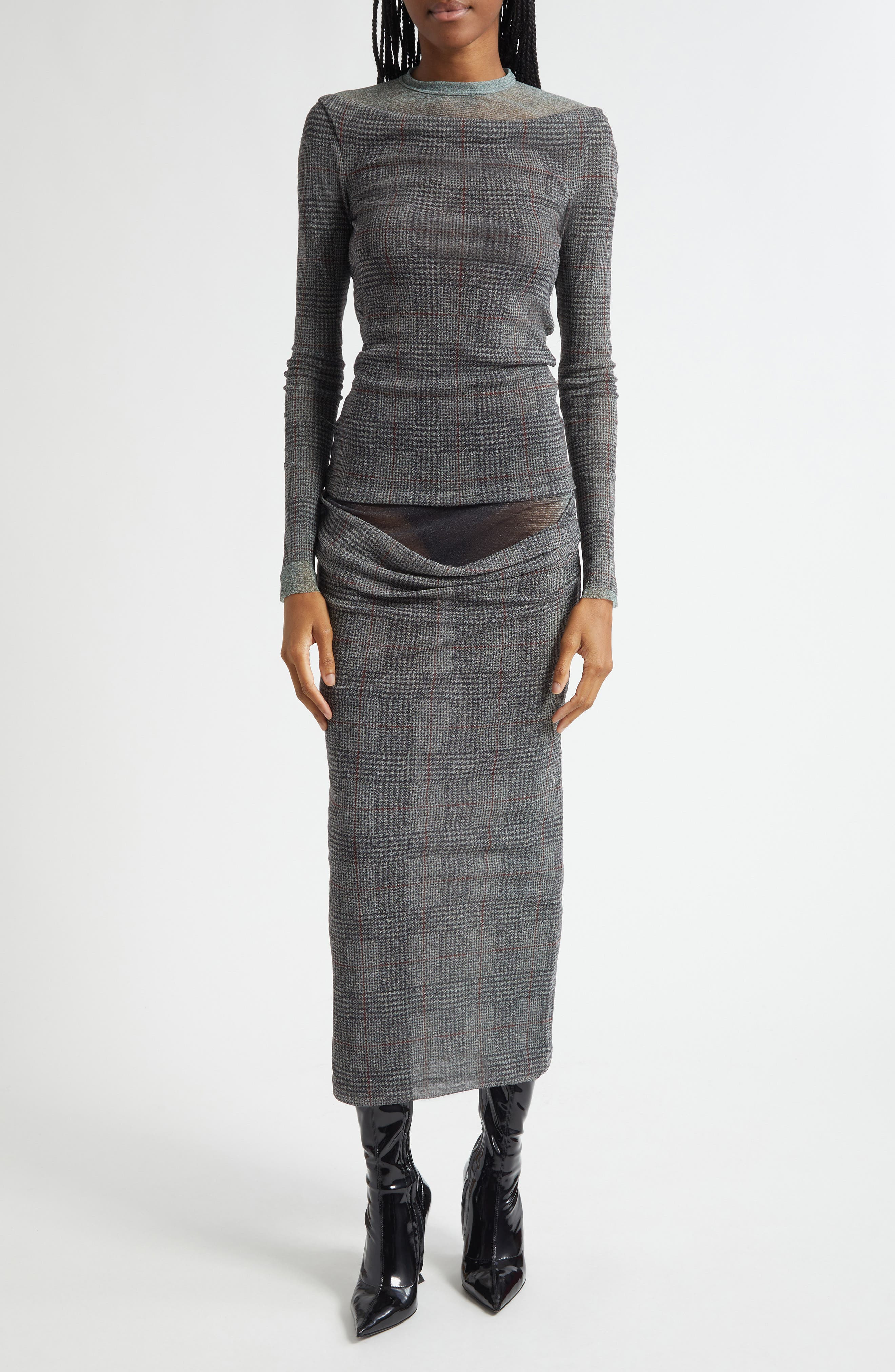 Jean Paul Gaultier Double Layer Prince of Wales Print Mesh Midi Skirt in Light Grey/Vanilla/Red at N - 2
