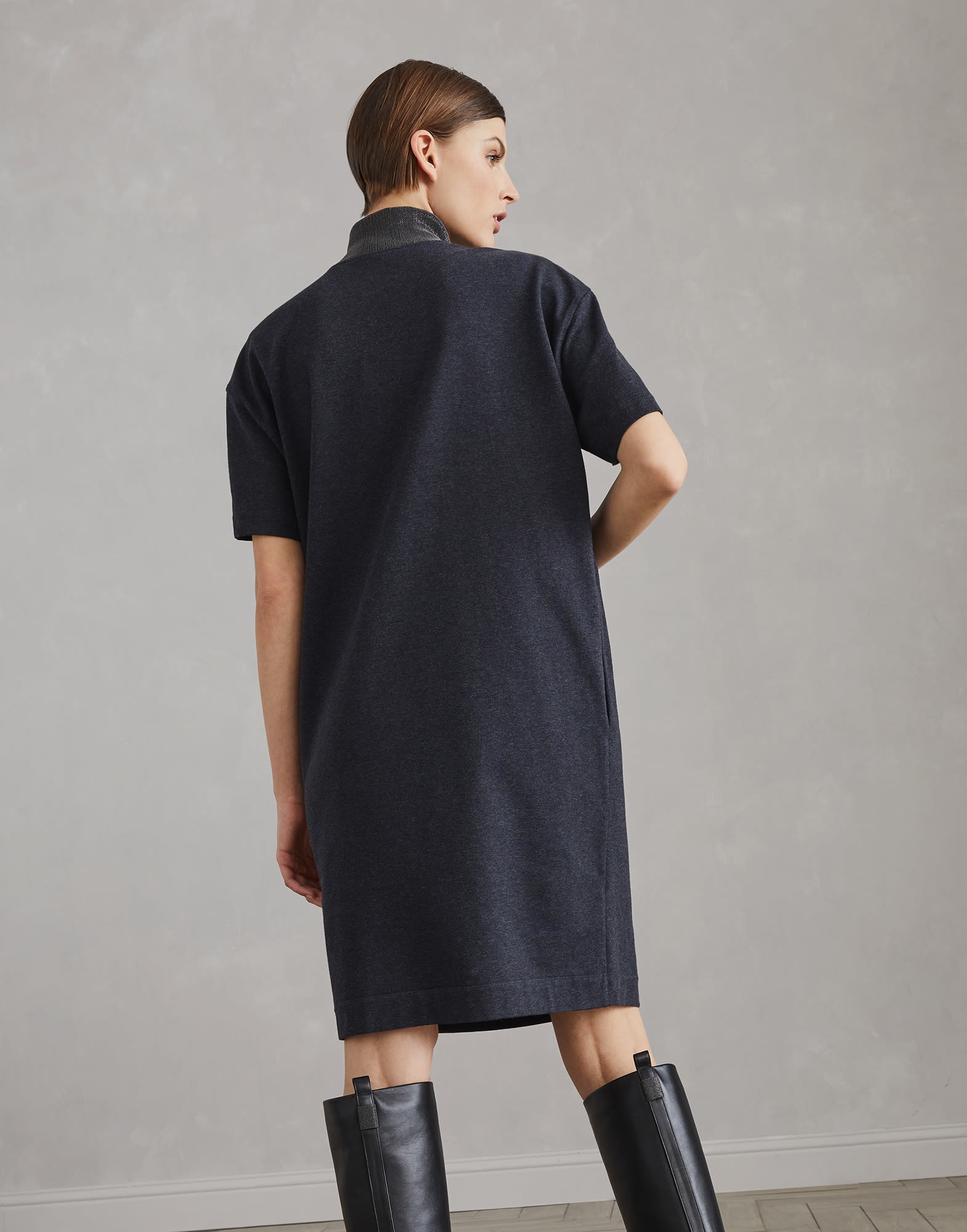 Stretch cotton lightweight French terry dress with precious ribbed collar - 2