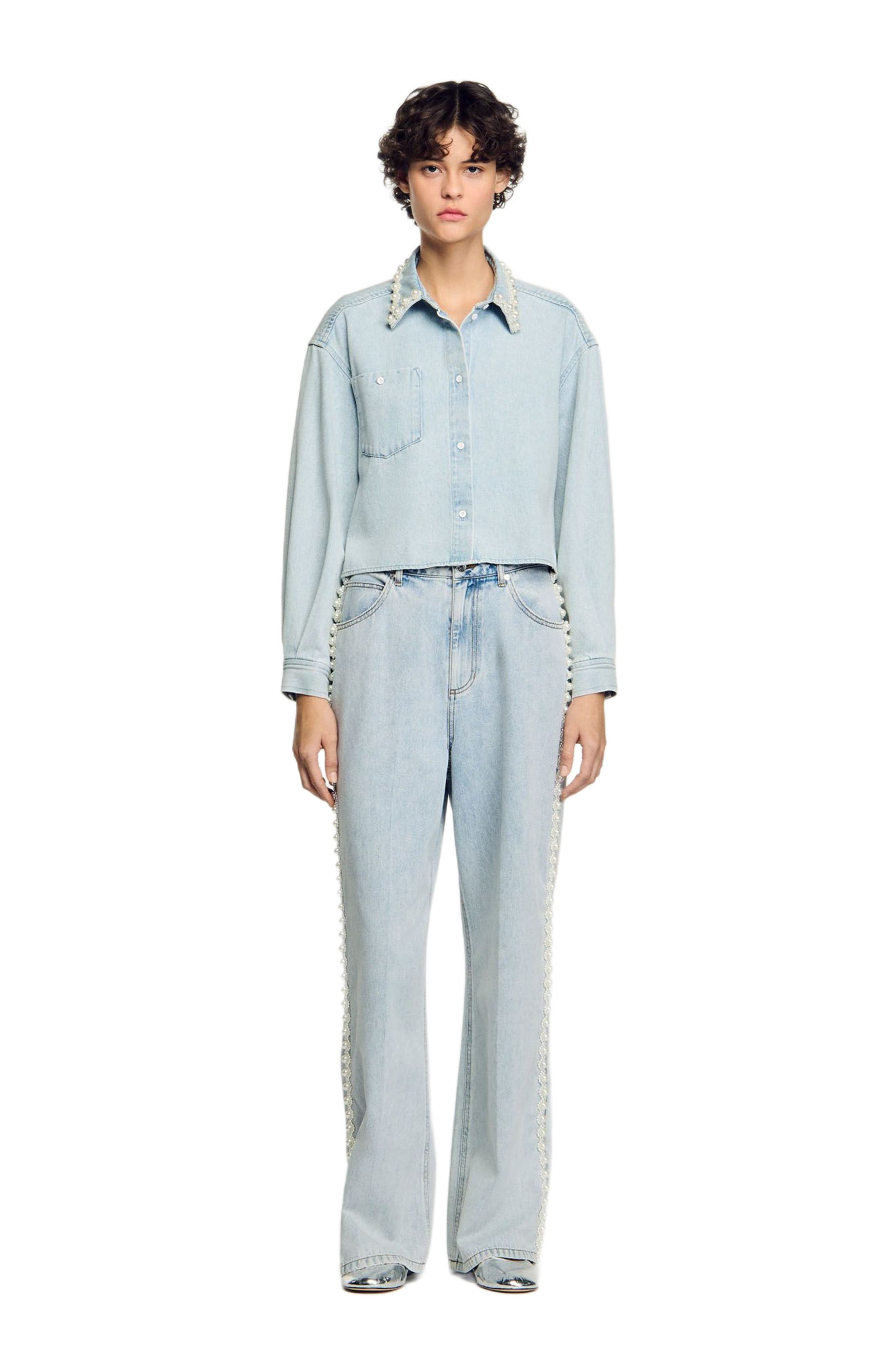 SANDRO Denim shirt with beaded collar in Light Bu Jean at Nordstrom - 1