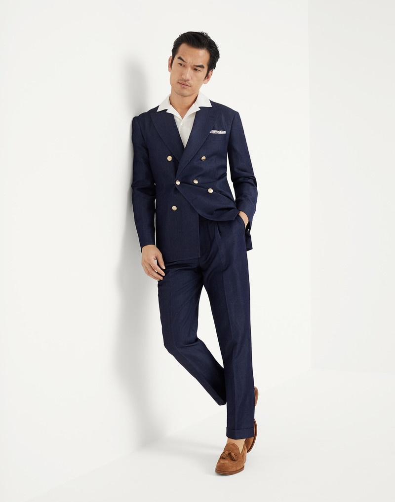 Wool and linen denim-effect twill one-and-a-half breasted blazer with patch pockets and metal button 5