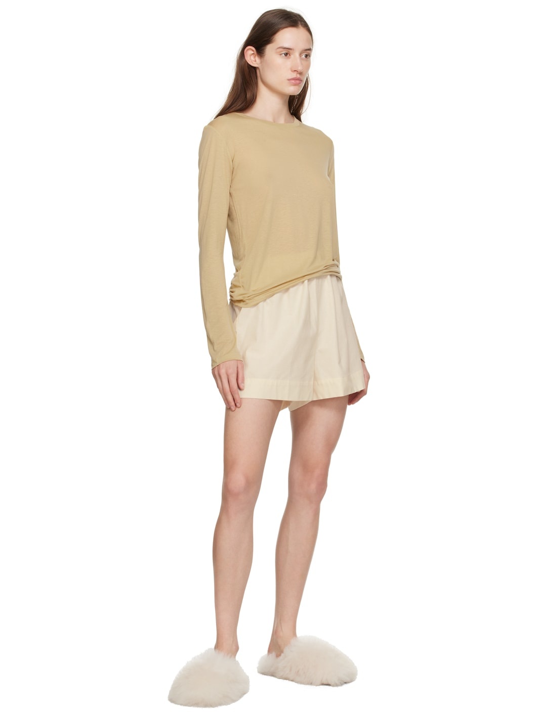 Beige Crewneck Long Sleeve T-Shirt - 4