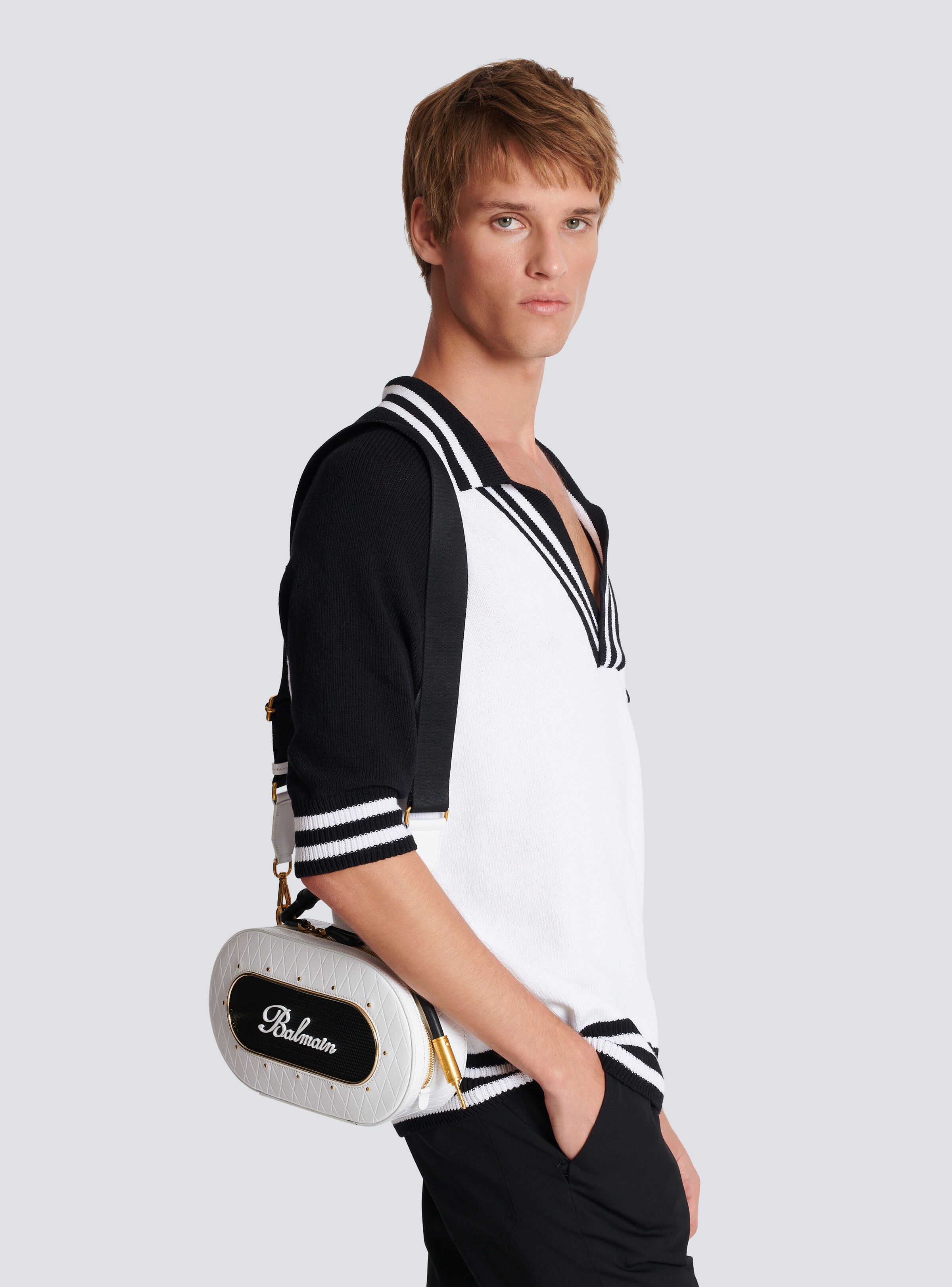 Calfskin Radio bag with Balmain Signature and embossed Grid motif - 8