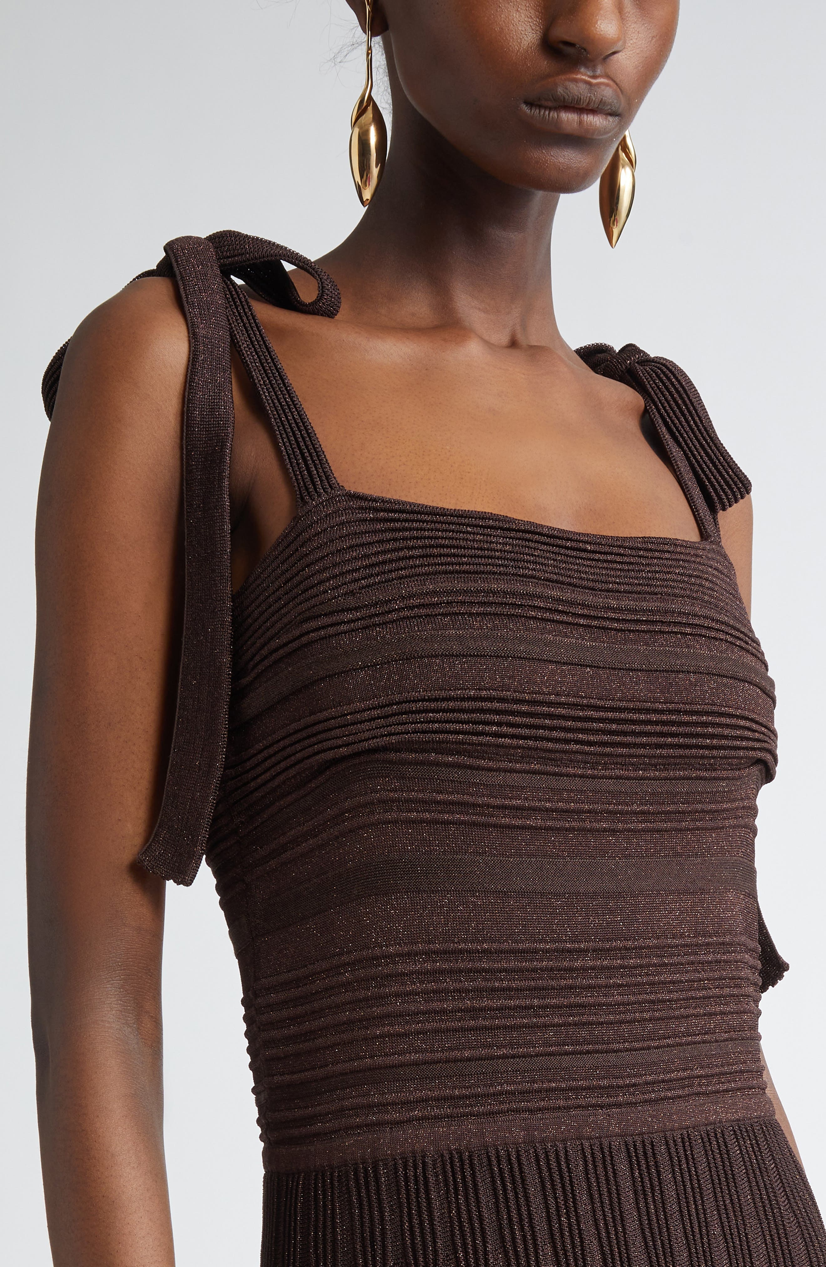 Zimmermann Lucky Tie Shoulder Metallic Rib Maxi Dress in Metallic Chocolate at Nordstrom - 4