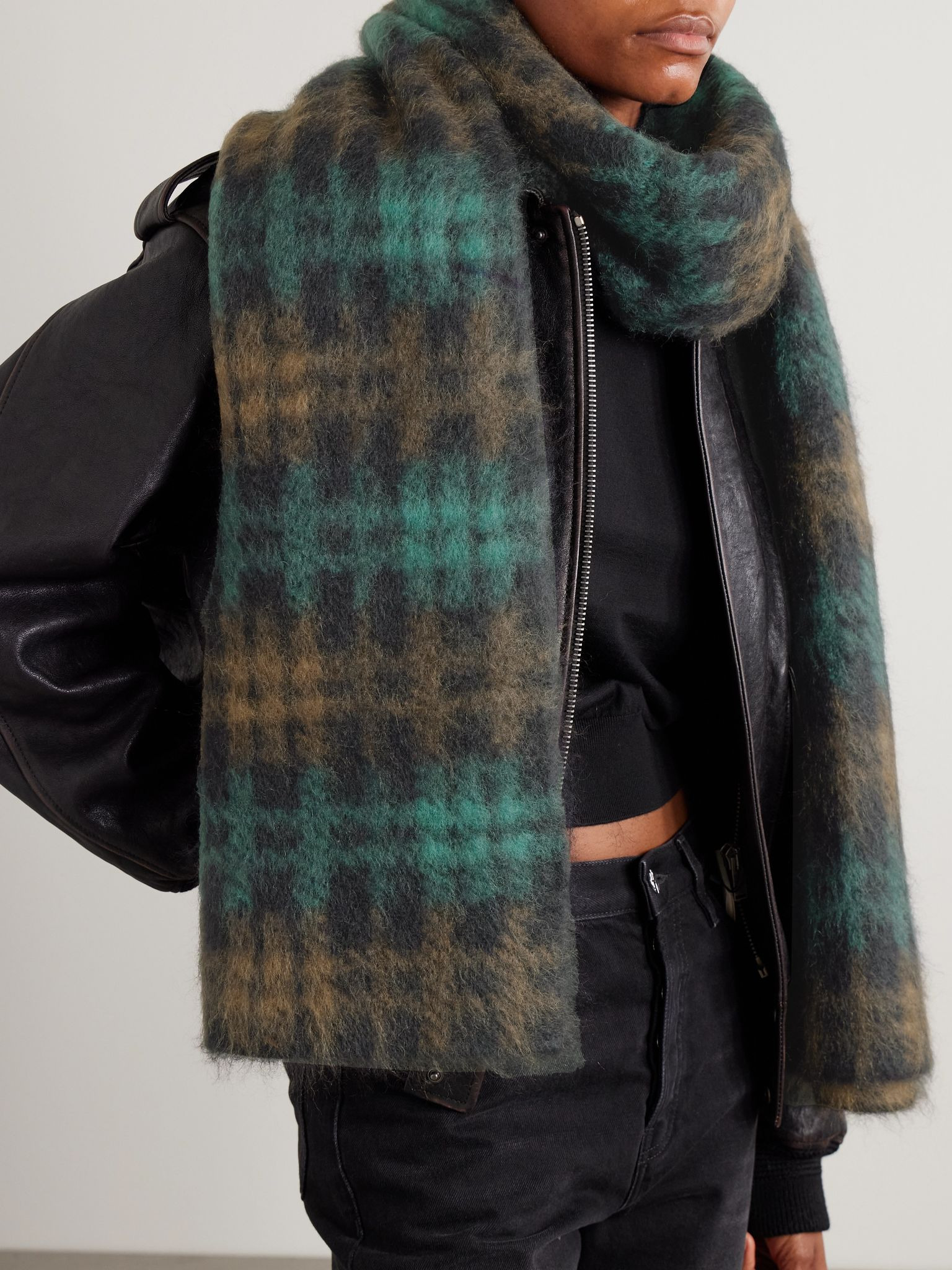 Checked mohair-blend scarf Dark brown - 2