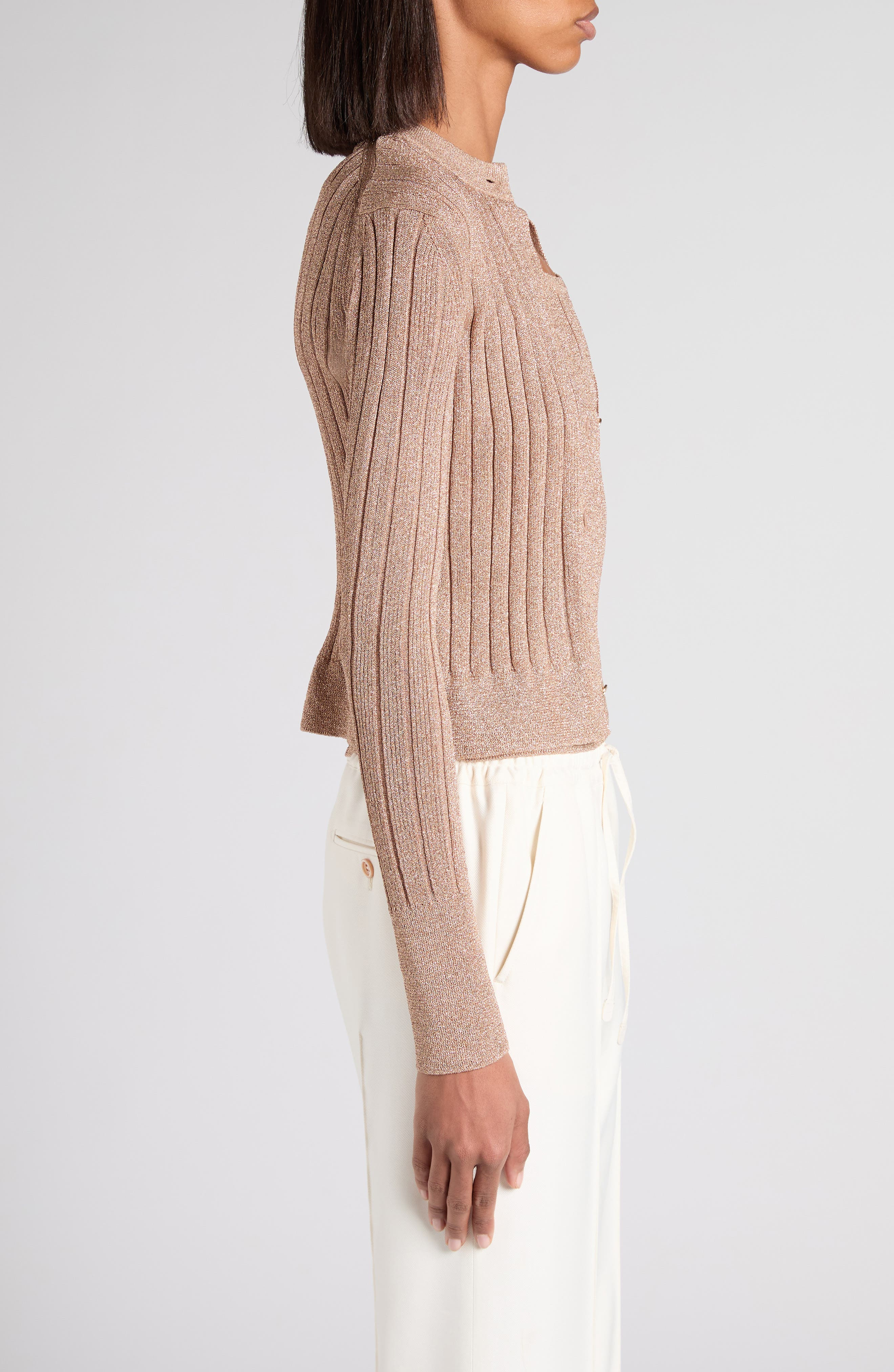 TOM FORD Metallic Rib Cardigan in Jb212 Beige Pink at Nordstrom - 4