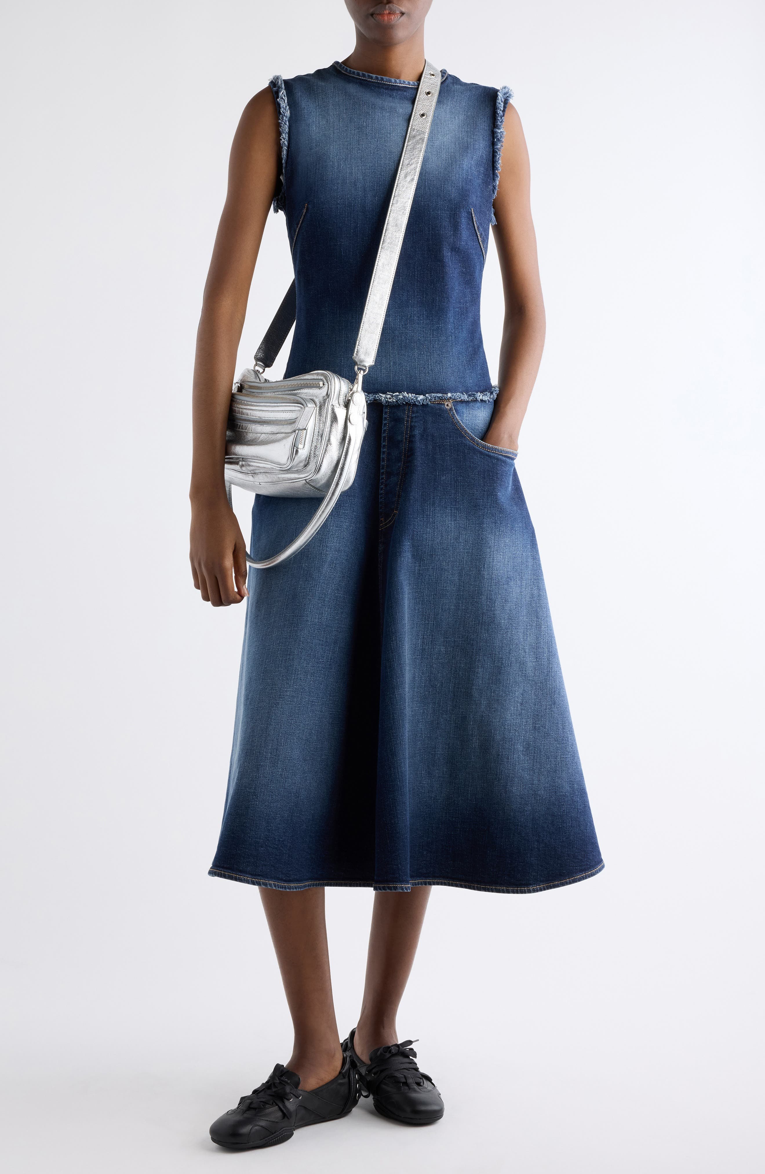 Acne Studios Duffena Layered Denim Midi Dress in Dark Blue at Nordstrom - 2