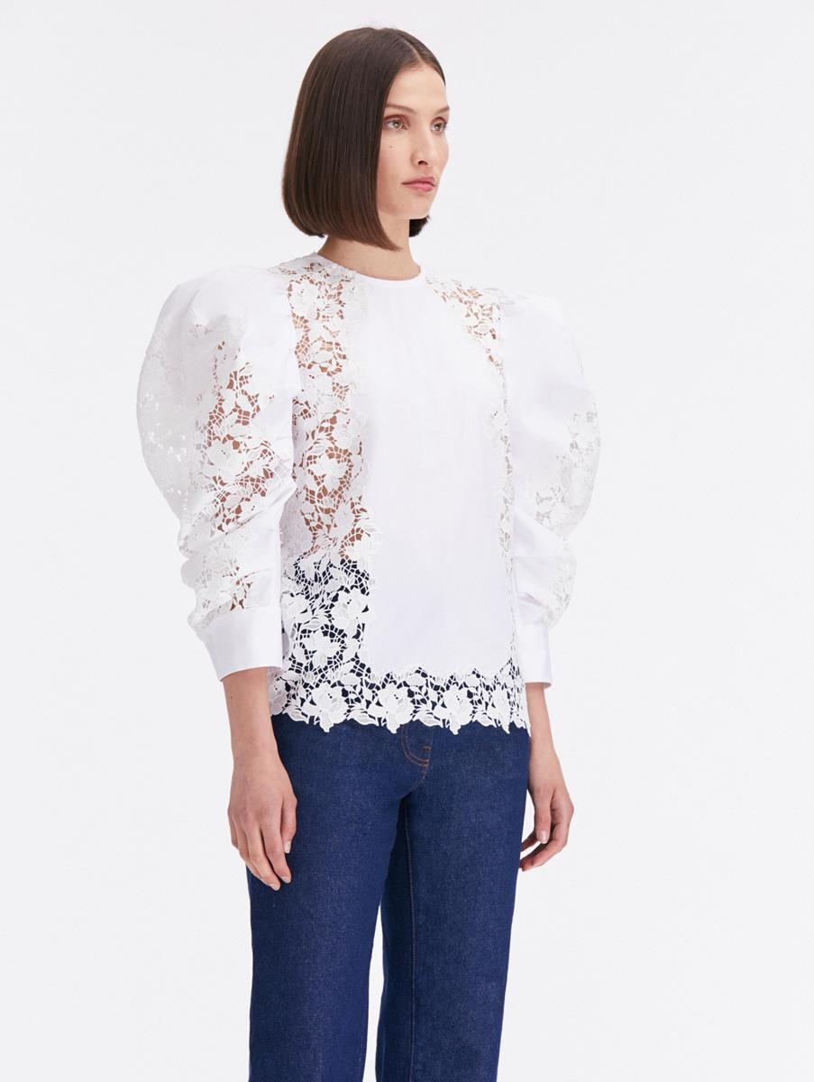 PUFF SLEEVE GARDENIA GUIPURE COTTON BLOUSE - 4