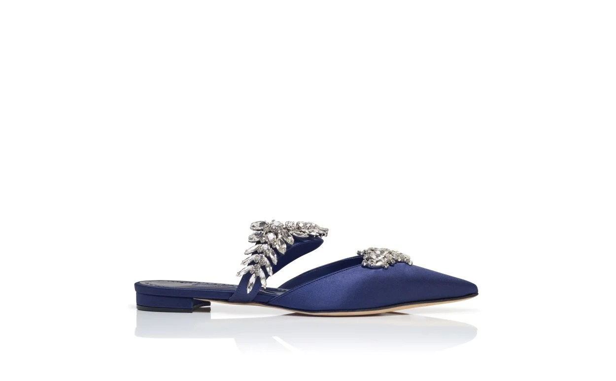 Navy Blue Satin Crystal Embellished Flat Mules - 1