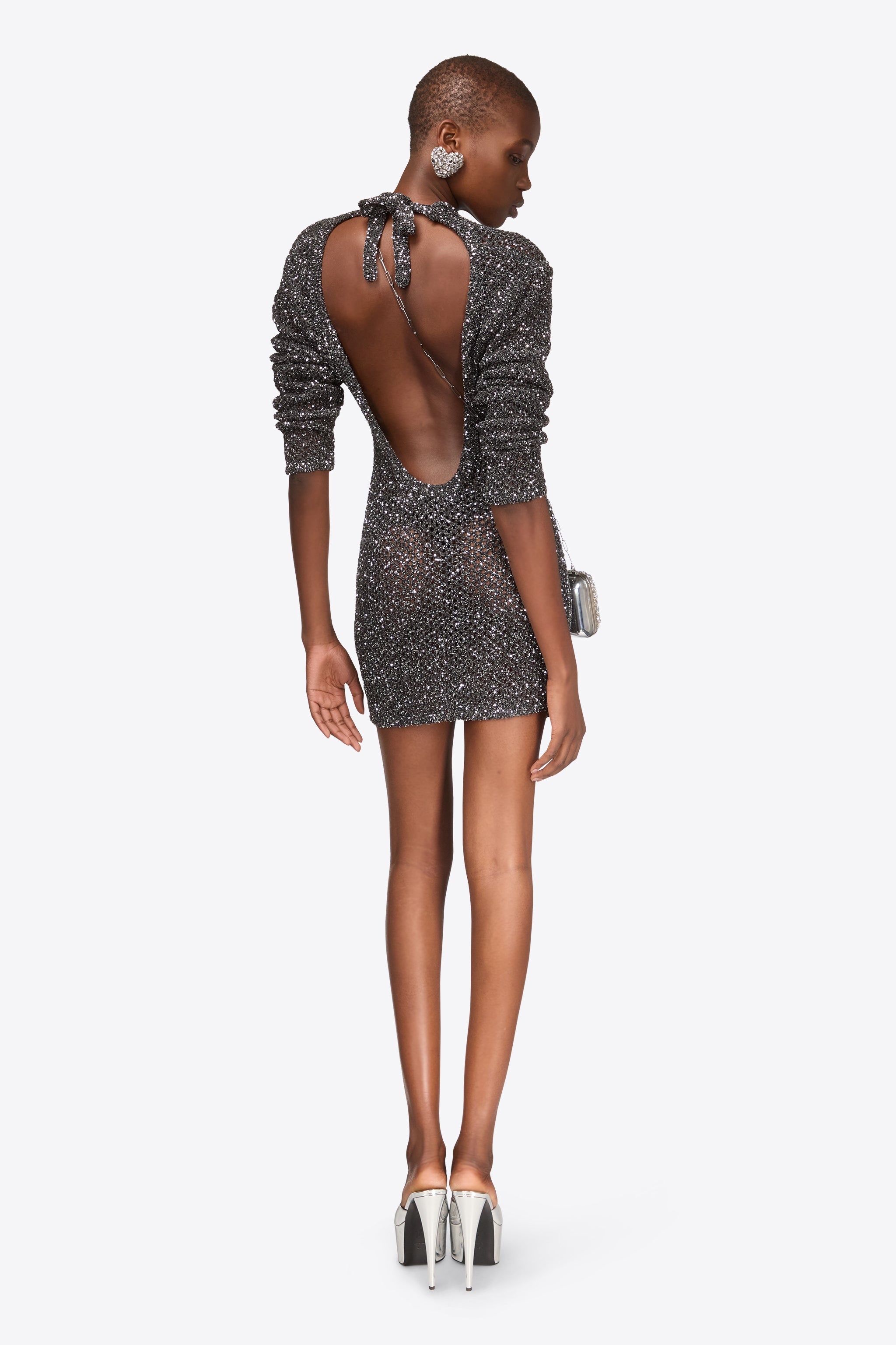 SEQUIN CROCHET LONG SLEEVE MINI DRESS - 5