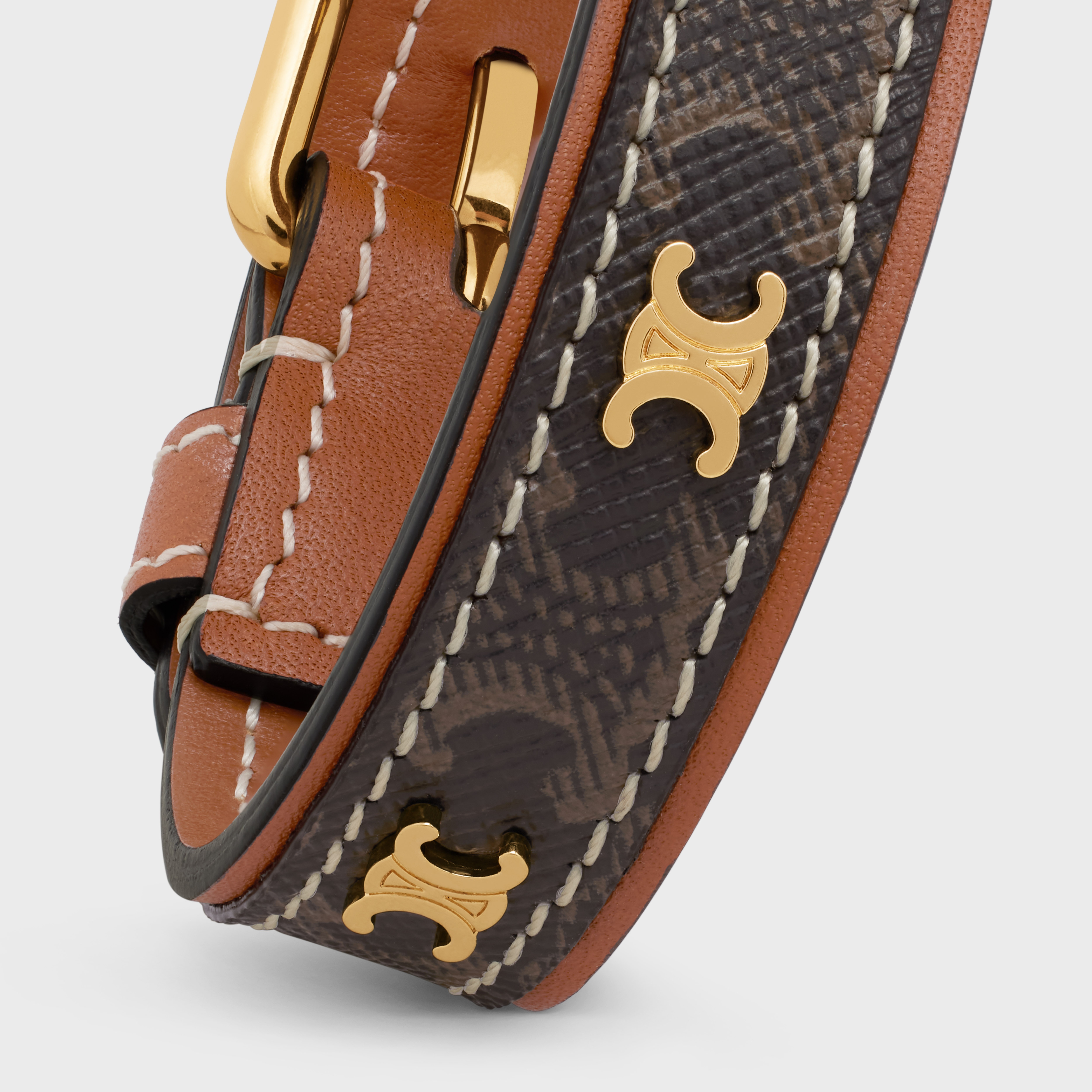 Triomphe Canvas Triomphe Leather Bracelet in Brass with Gold Finish, Calfskin and Canvas - 4
