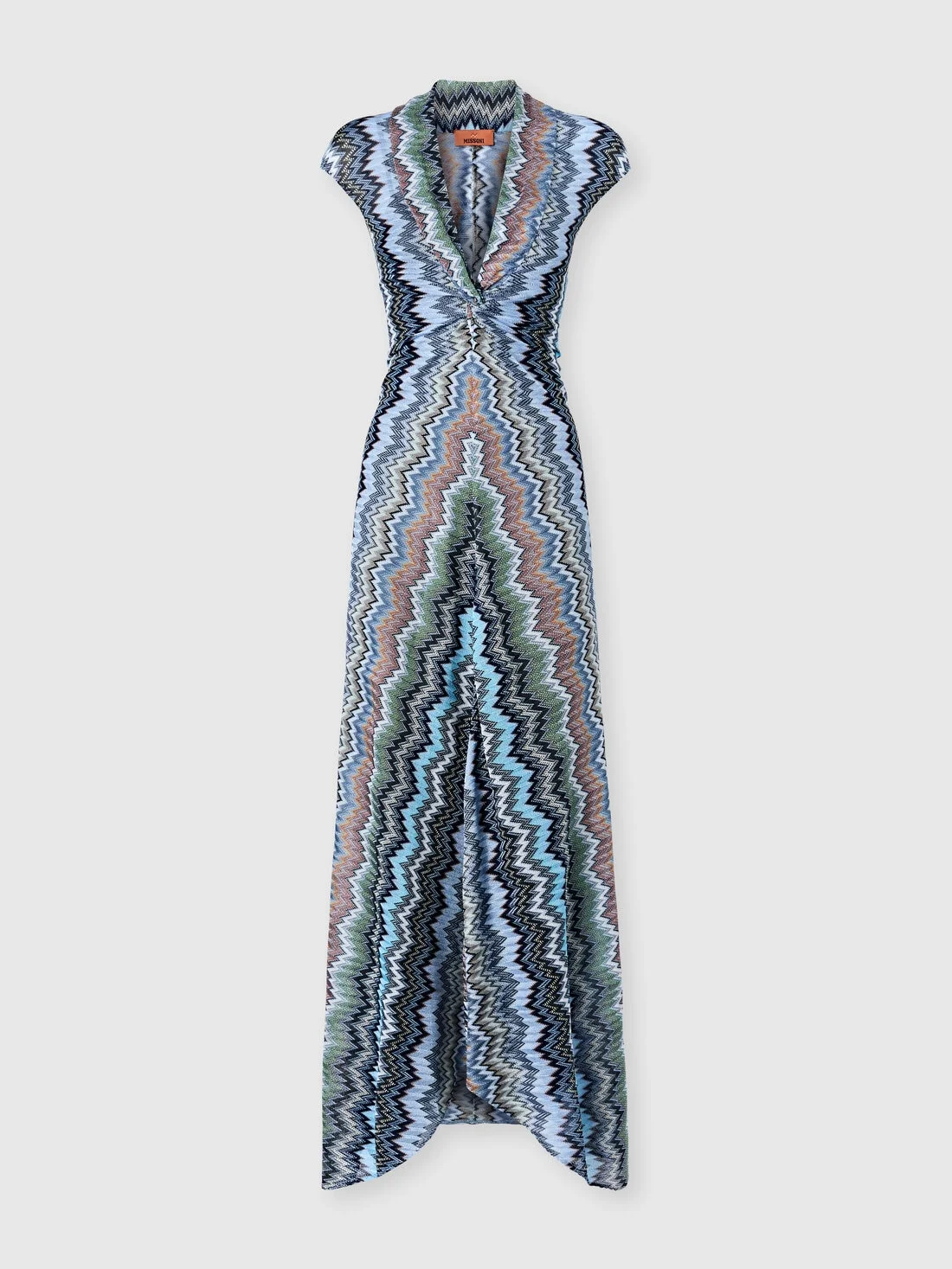 Long dress with knotted neckline in viscose chevron snake motif - 1