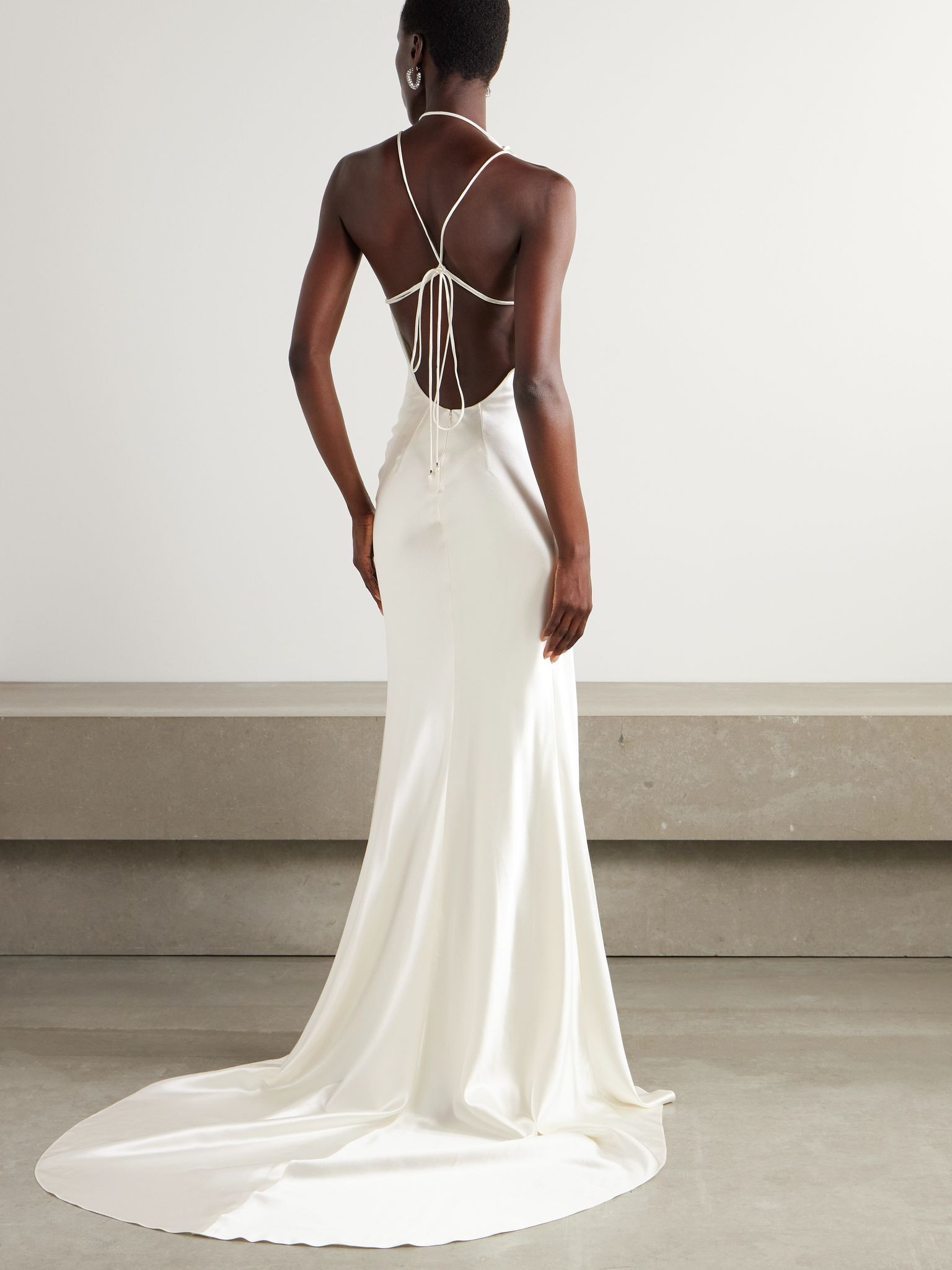 Stella open-back silk and wool-blend satin halterneck gown Ivory - 4