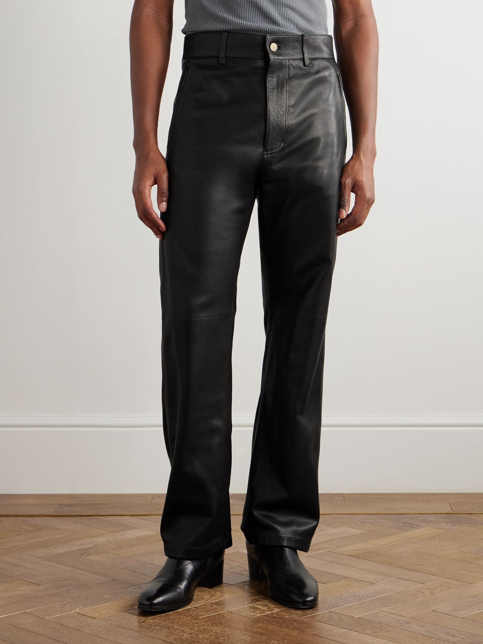 Straight-Leg Full-Grain Leather Trousers Black - 3