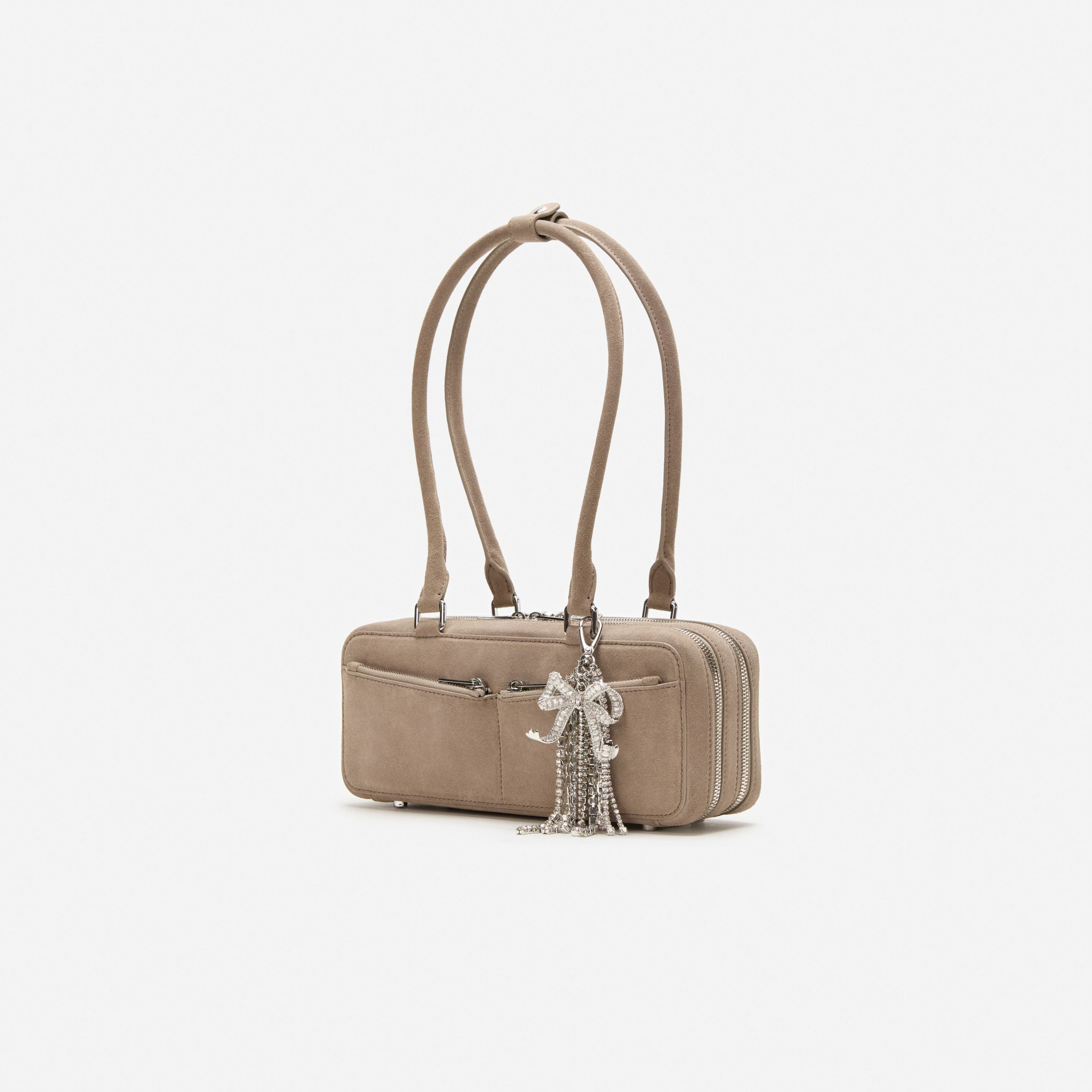 Grey Suede Baguette Shoulder Bag With Charm - 2