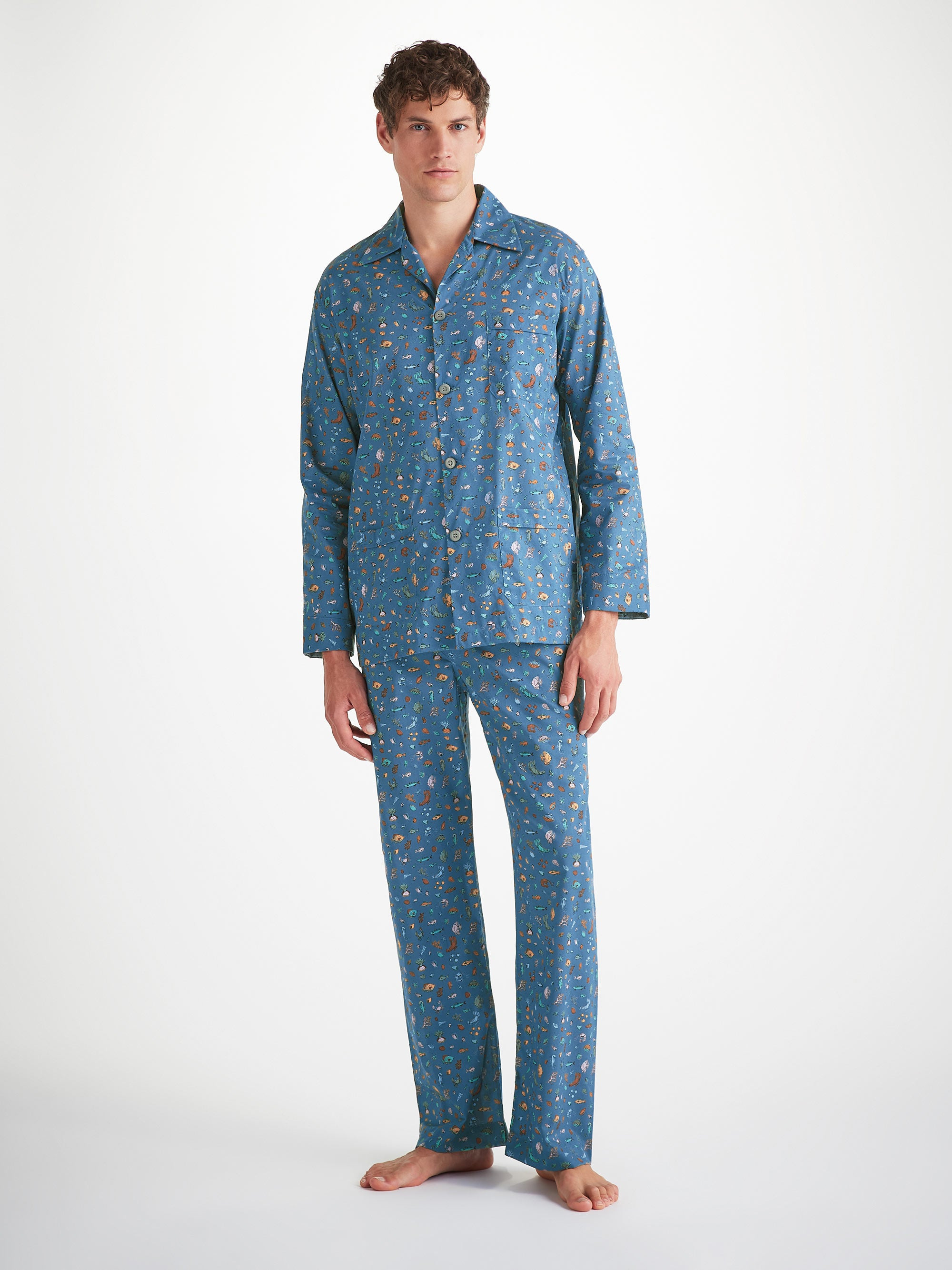 Men's Classic Fit Pajamas Cotton Batiste Blue Sea Friends Print - 3