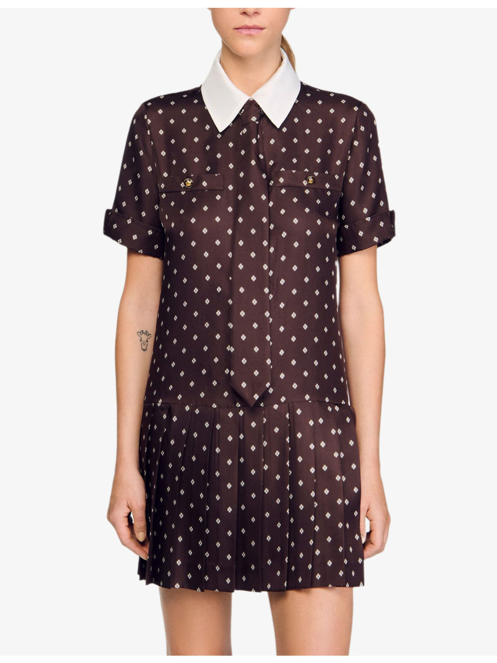 Geometric-Print Contrast-Collar Satin Mini Dress - 3