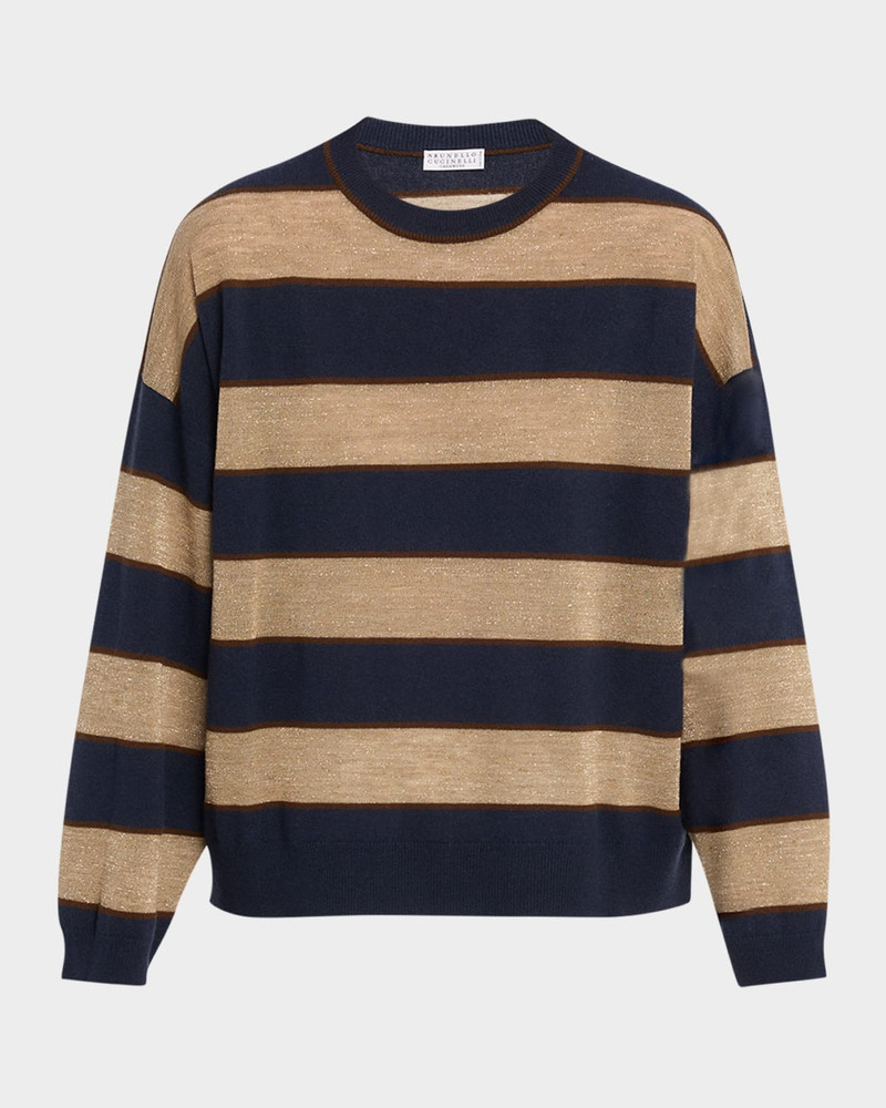 Shimmering Striped Wool-Cashmere Crewneck Sweater 1