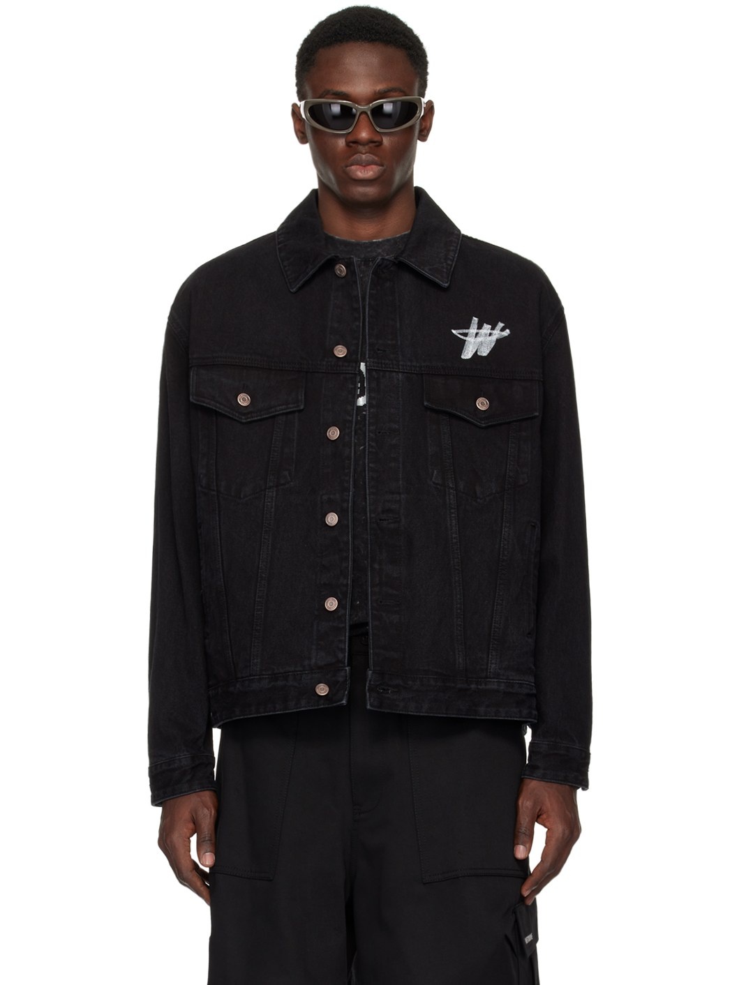 Black Printed Denim Jacket - 1