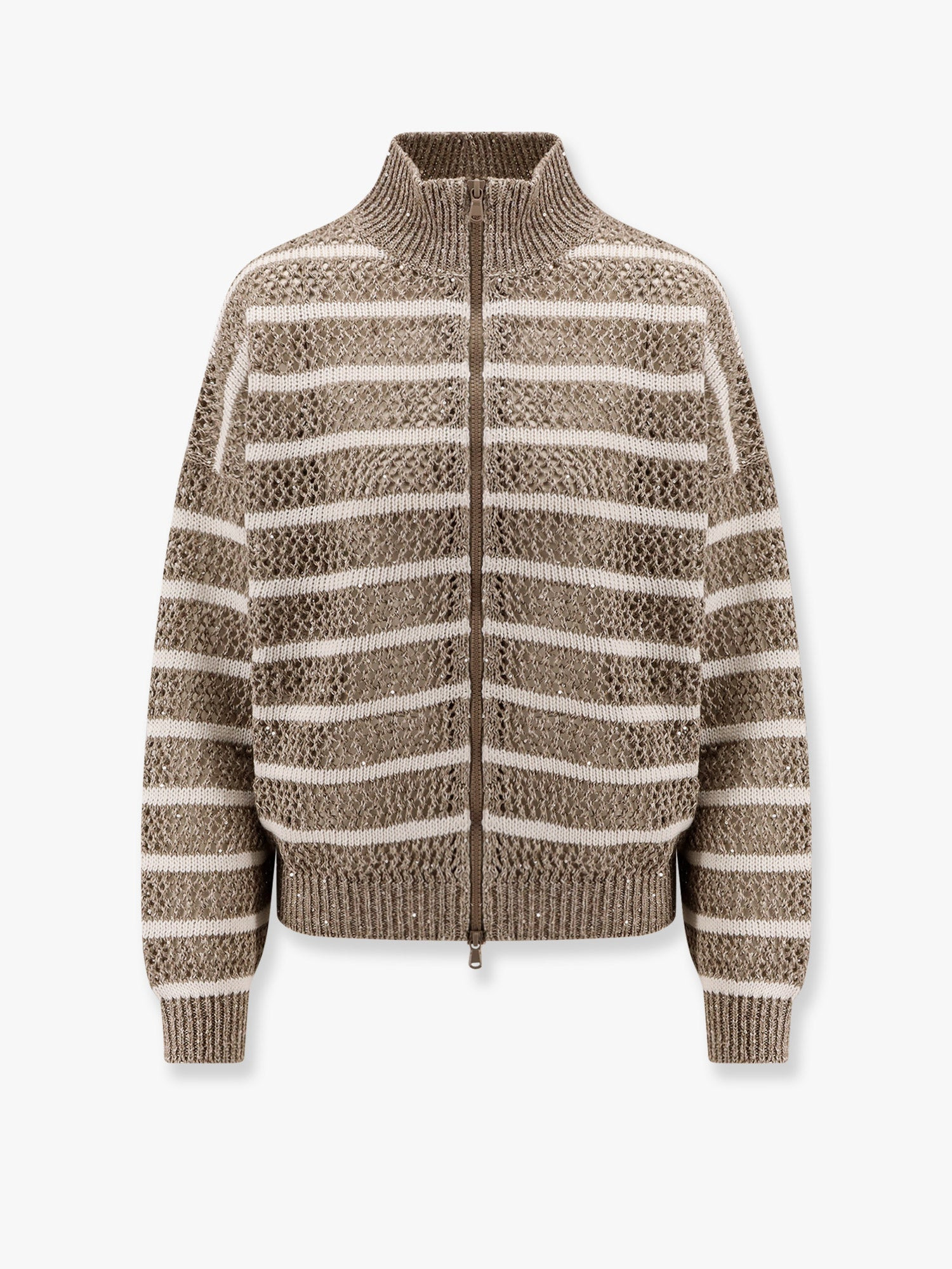 Brunello Cucinelli Women Dazzling Striped Net Linen Blend Cardigan With Sequins - 1