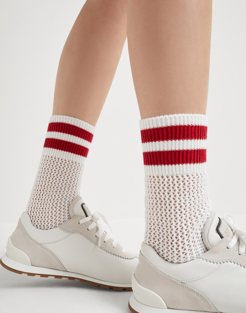 Cotton waffle stitch knit socks with stripes 3