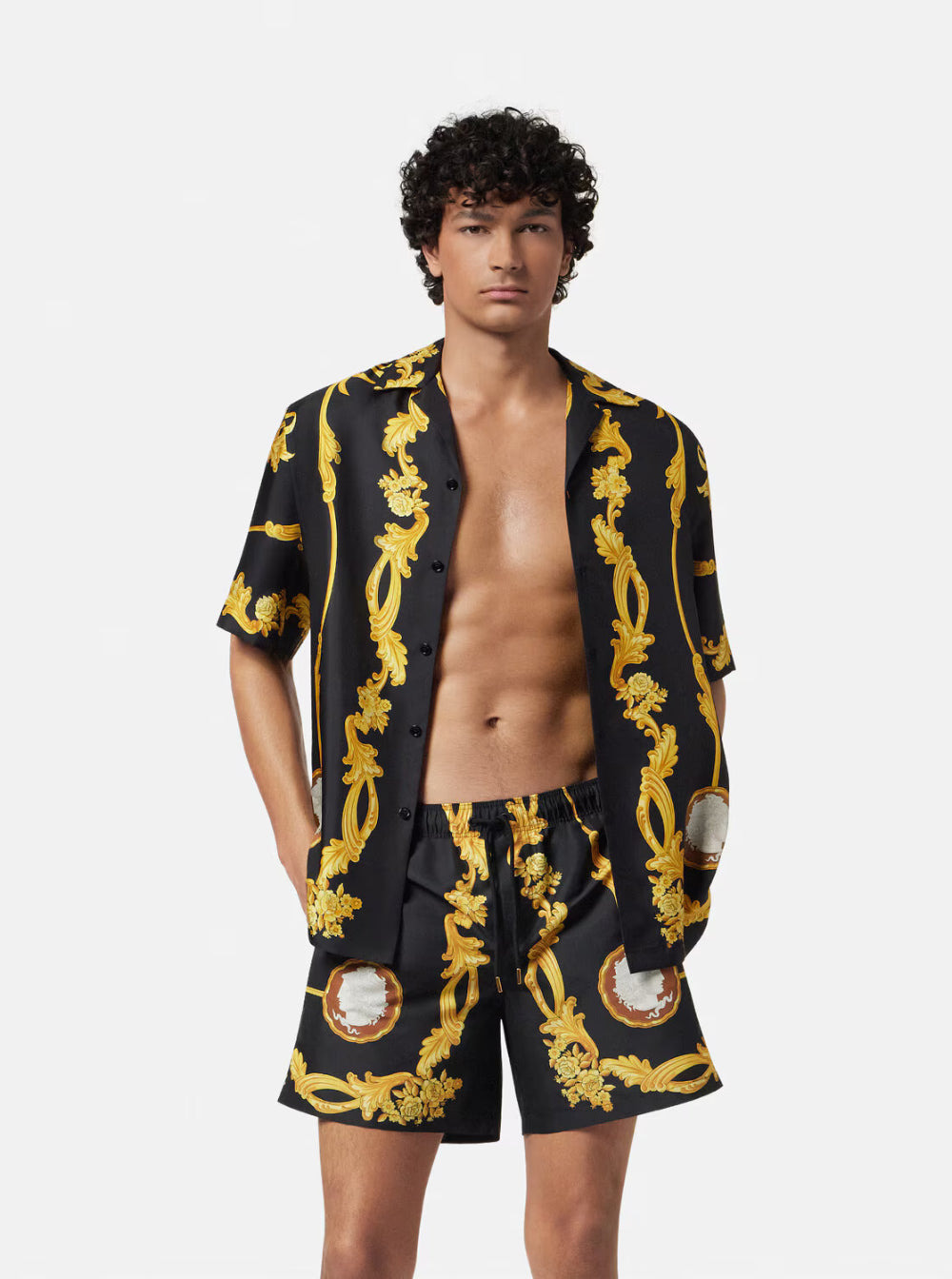 Versace Men Black Swimsuit With All-Over Cameo Print In Tech Fabric Man - 4