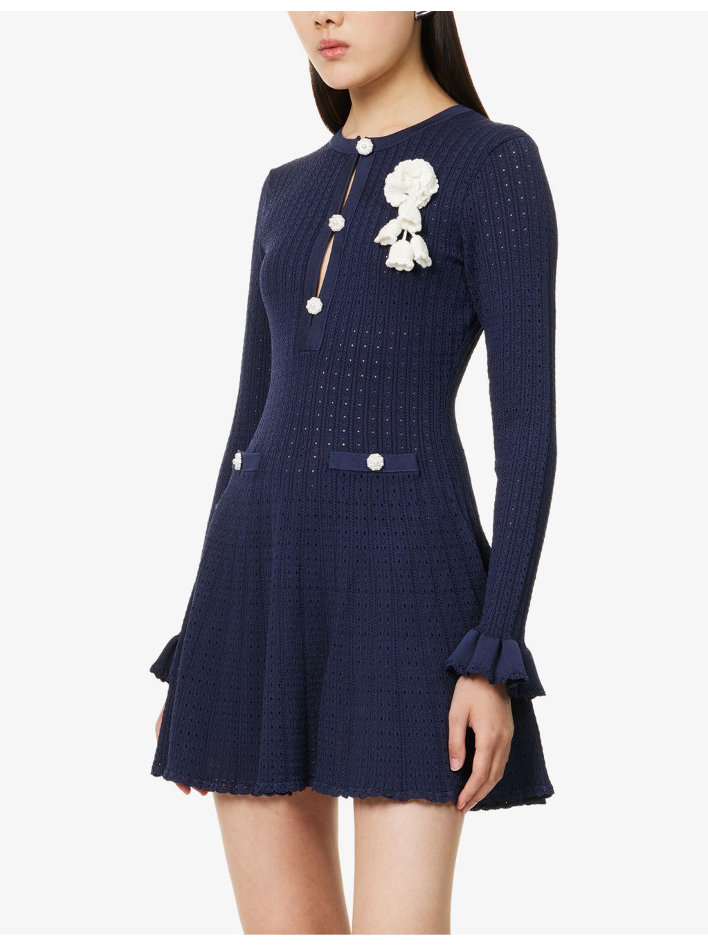 Pointelle Crochet-Embellishment Knitted Mini Dress - 3