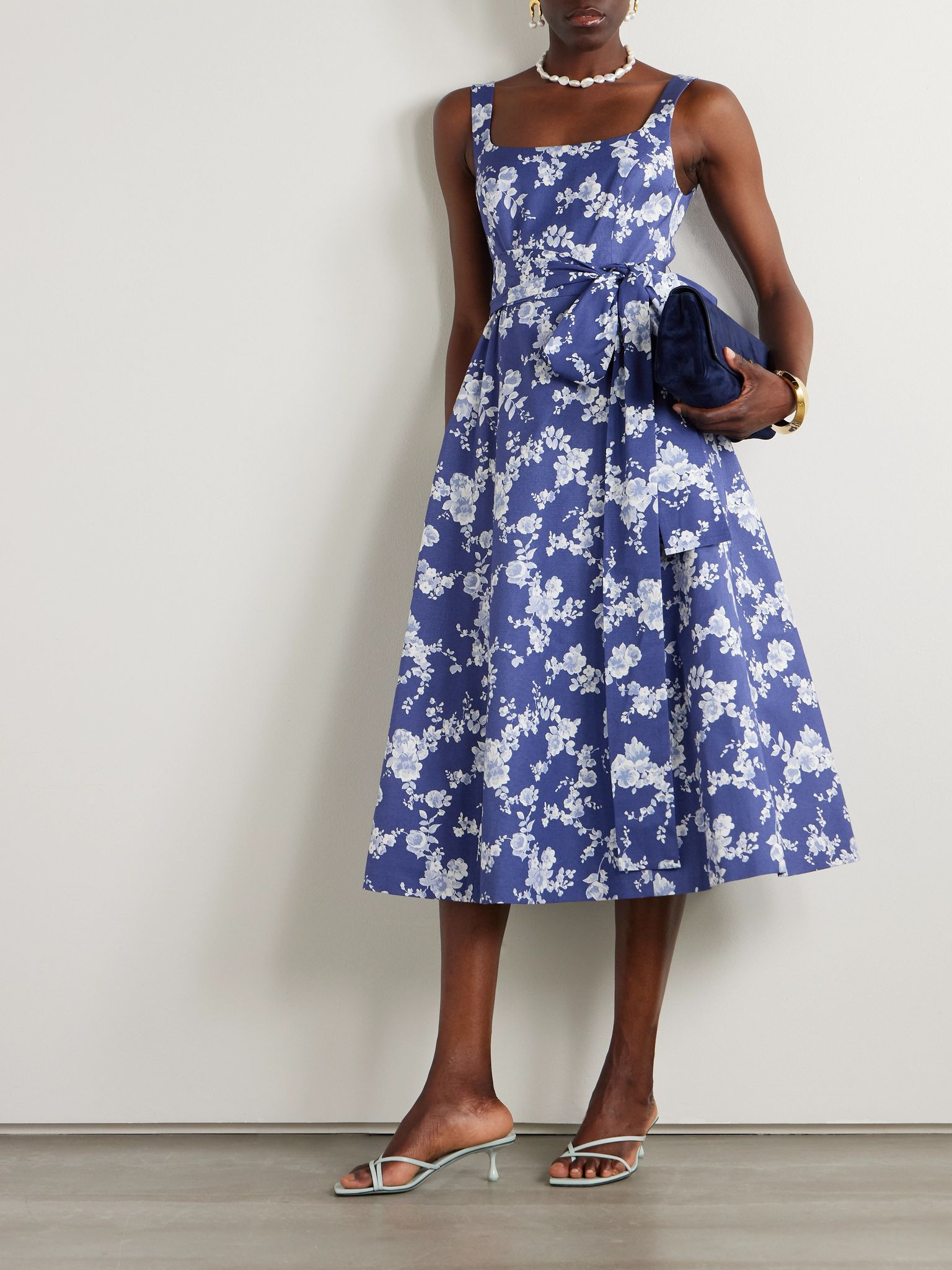 Belted floral-print faille midi dress Bright blue - 2
