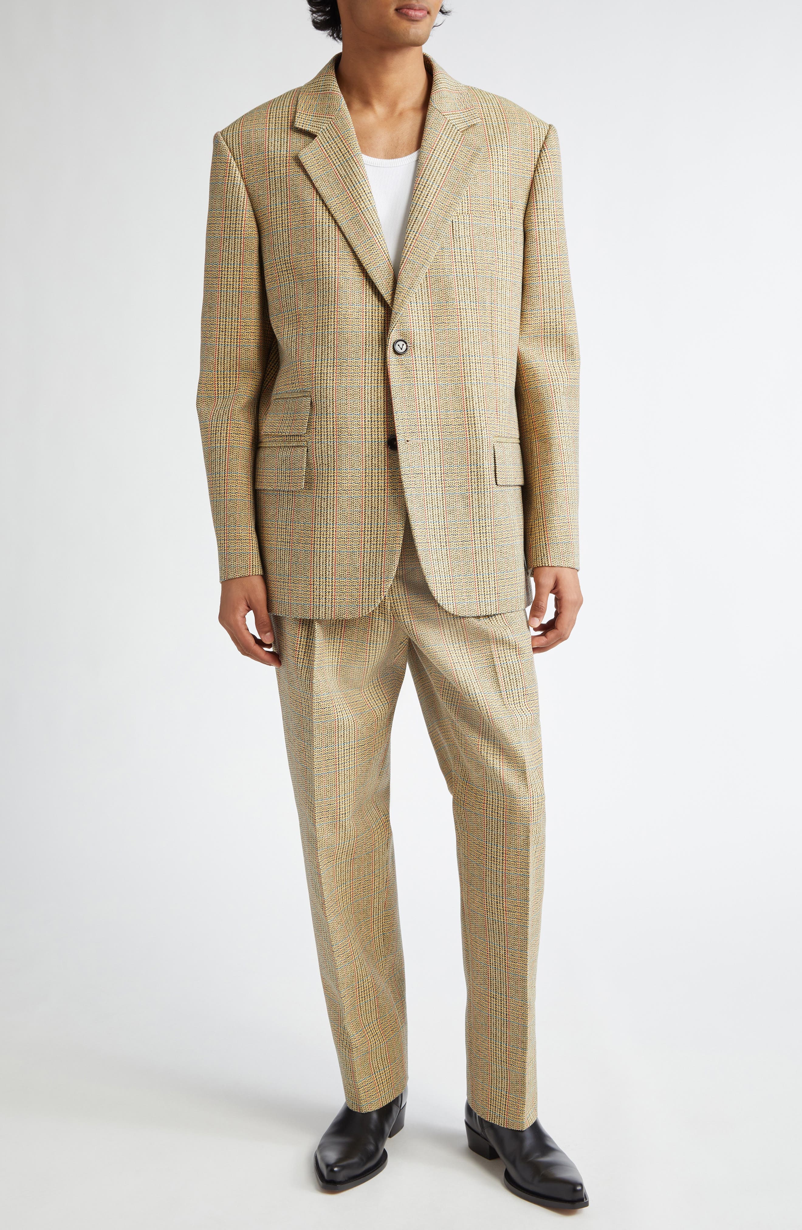 Bottega Veneta Distorted Prince of Wales Plaid Wool Blend Pants in 1487 Beige/Yellow/Blue at Nordstr - 2