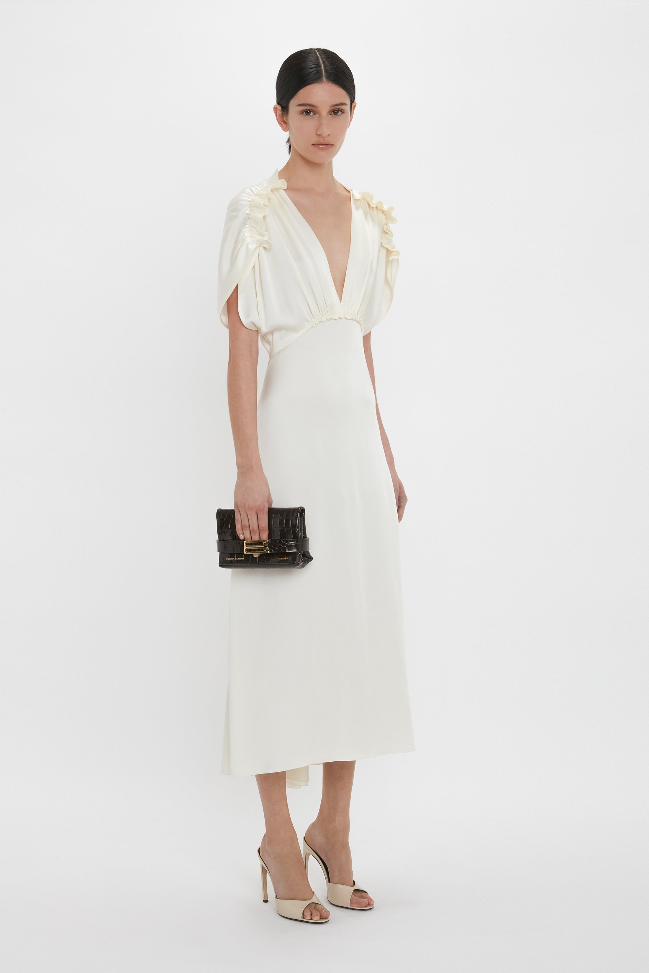 Victoria Beckham Exclusive V-Neck Ruffle Midi Dress In Ivory
