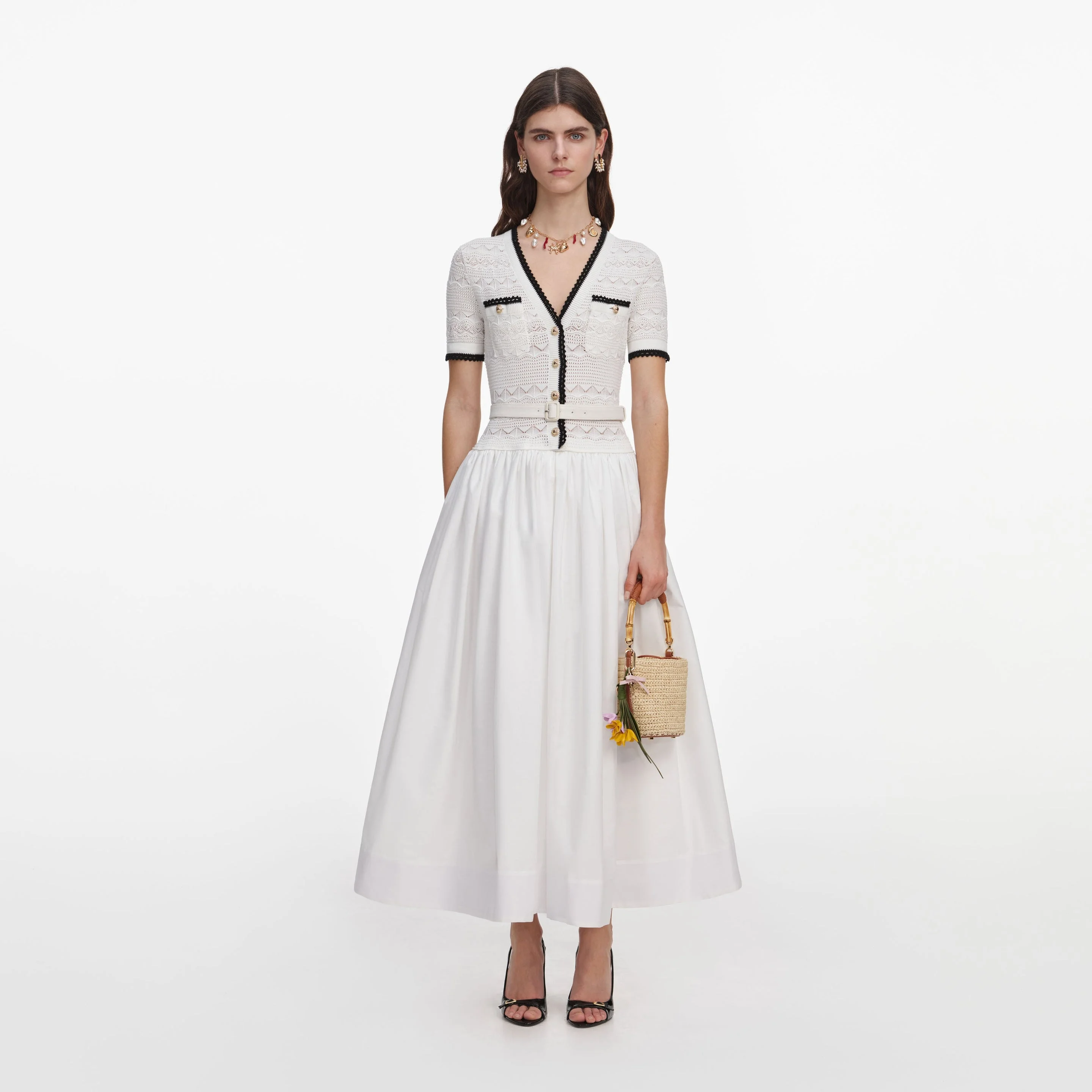 White Knit Linen Midi Dress - 1