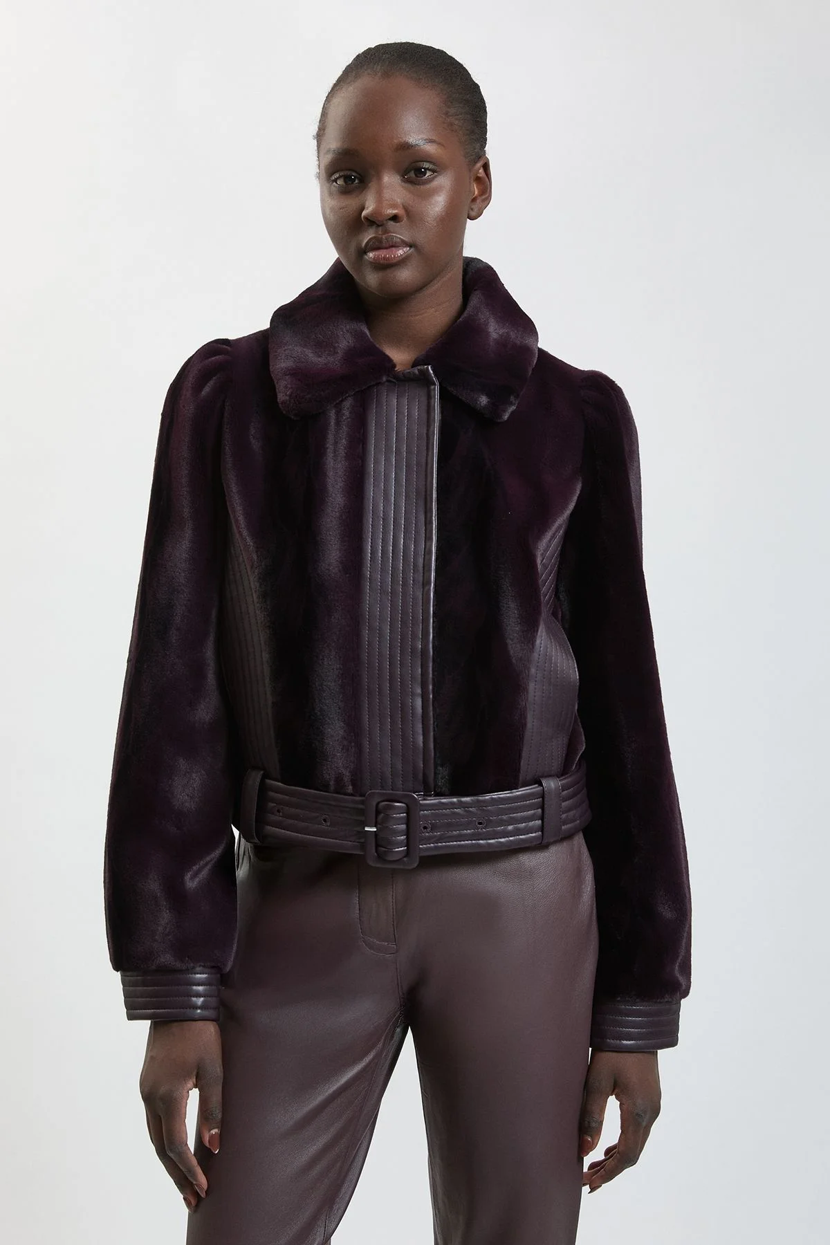 Faux Fur Pu Panelled Belted Cropped Jacket - 1