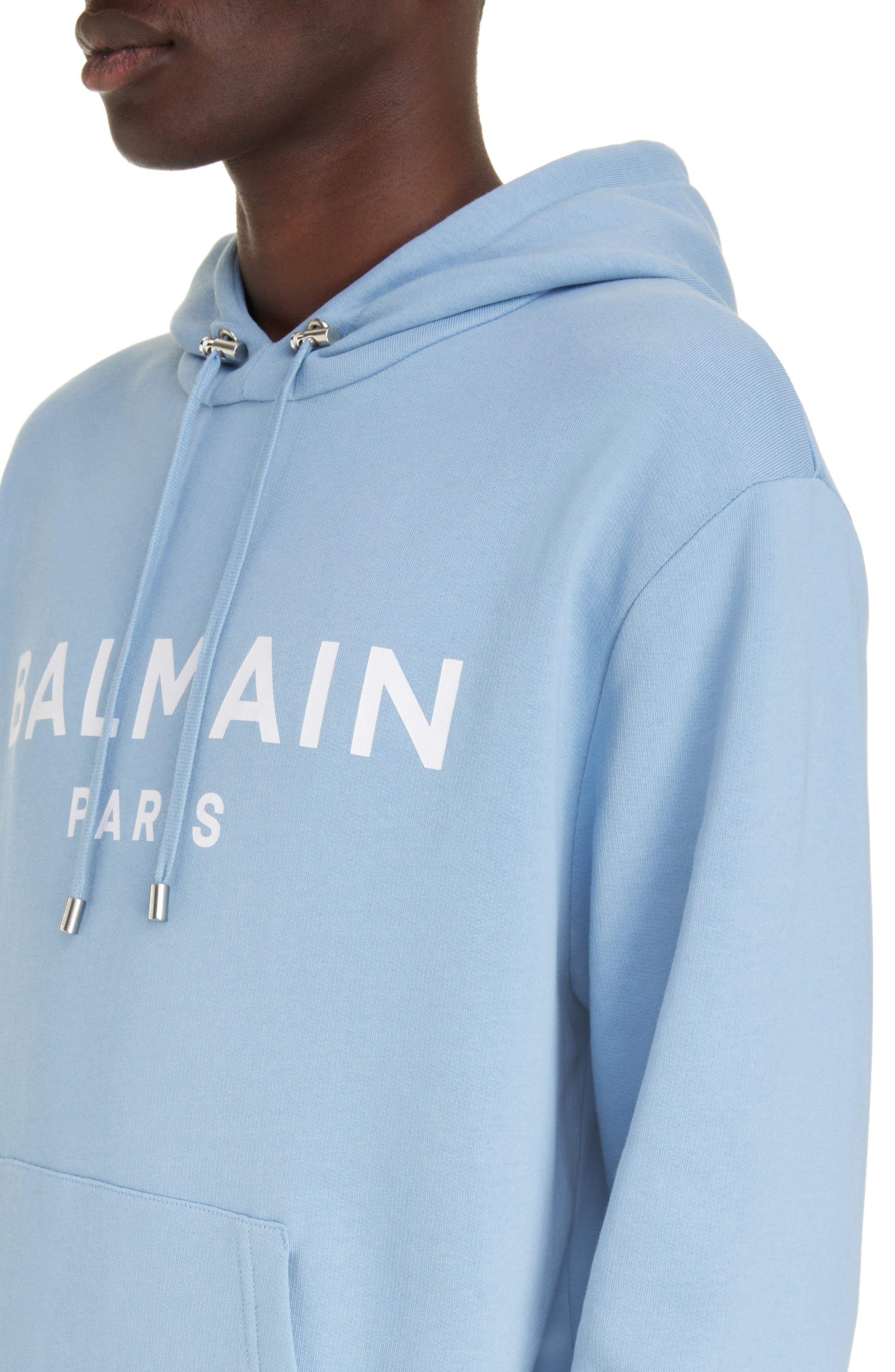 Balmain Organic Cotton Logo Graphic Hoodie in Slj Pale Blue/White at Nordstrom - 5