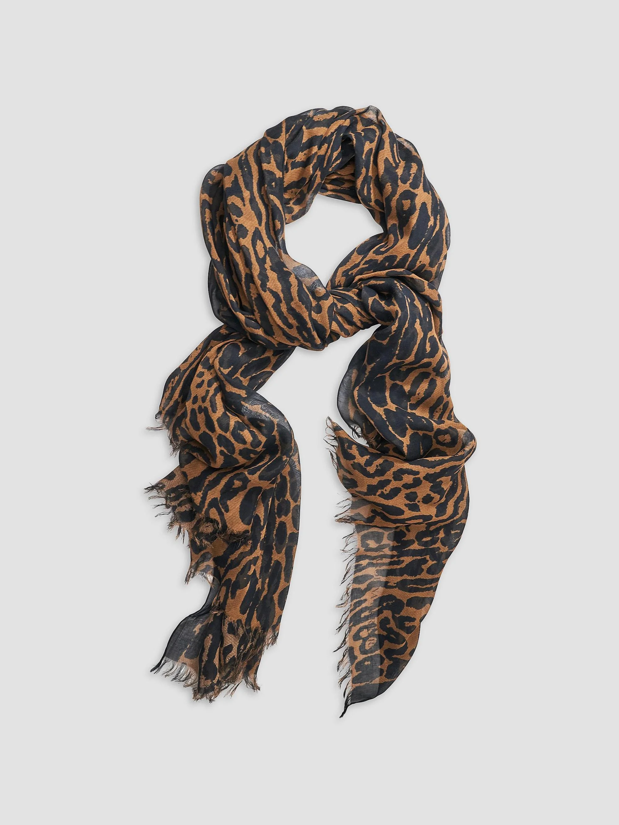 Women's Leopard Print Fringe Scarf - Black Brown - 1