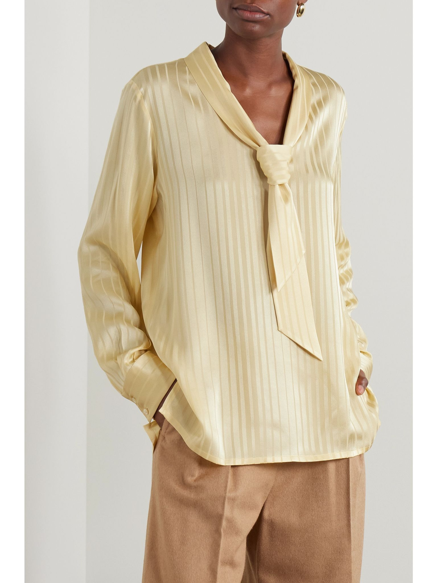 Kya tie-detailed striped silk-jacquard blouse Peach - 3