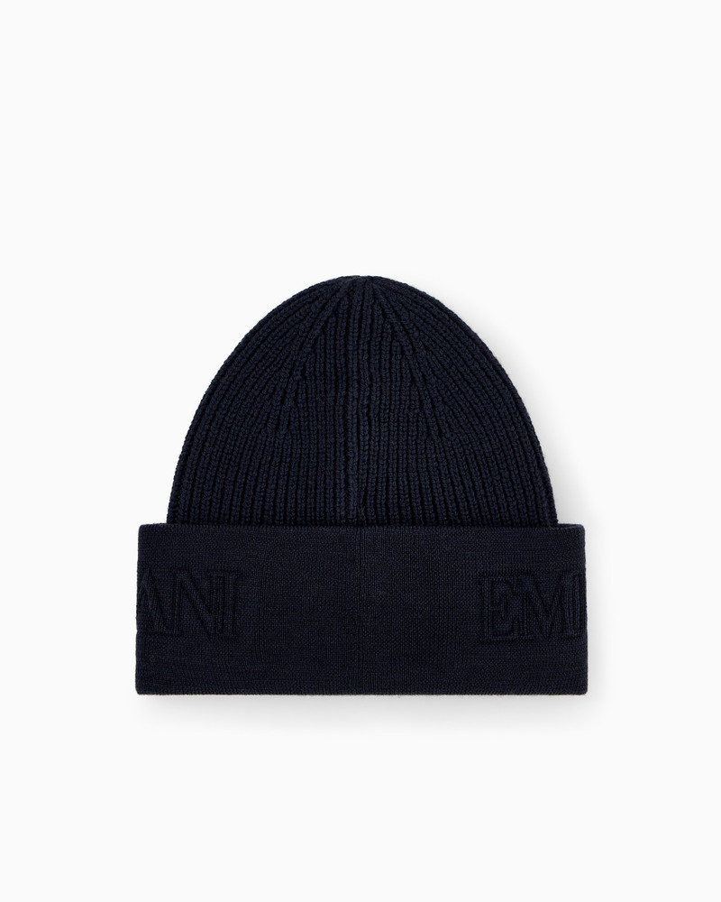 EMPORIO ARMANI BEANIE HAT IN RIBBED VIRGIN WOOL WITH EMBOSSED LOGO ON CUFF outlook